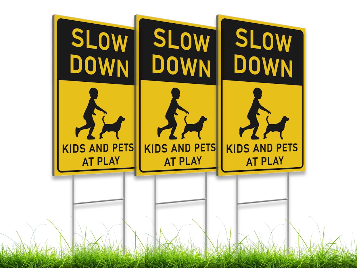 8x12 inch 3X Slow Down Kids and Pets at Play Yard Plastic Signs with Metal Wire H-Stakes - Street Slow Children at Play Double Sided Sign - Drive Like Your Kids Live Here - Easy to Mount for Driveway