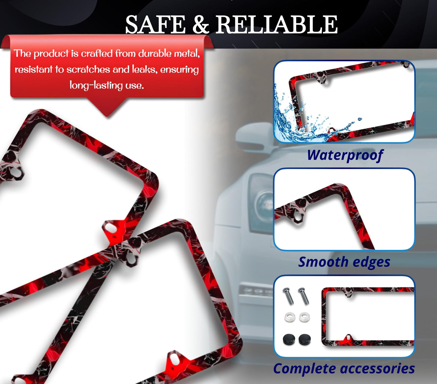 Set of 2 Blood Splattered Black License Plate Frame - Metal Black Car Frames with 4 Holes and Screws - Standart Cars USA Frame for Front or Rear - Black Plate Frame 6x12.25 inches