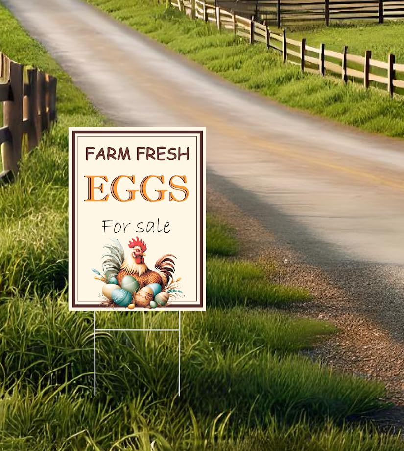 12x16 Inches Set of 3 Farm Fresh Eggs For Sale Plastic Sign with Metal H-Stakes - Double Sided Funny Signs Coop Decor - Farm Sale Eggs Home Decor for Outdoor and Indoor - Sold Here Yard Sign