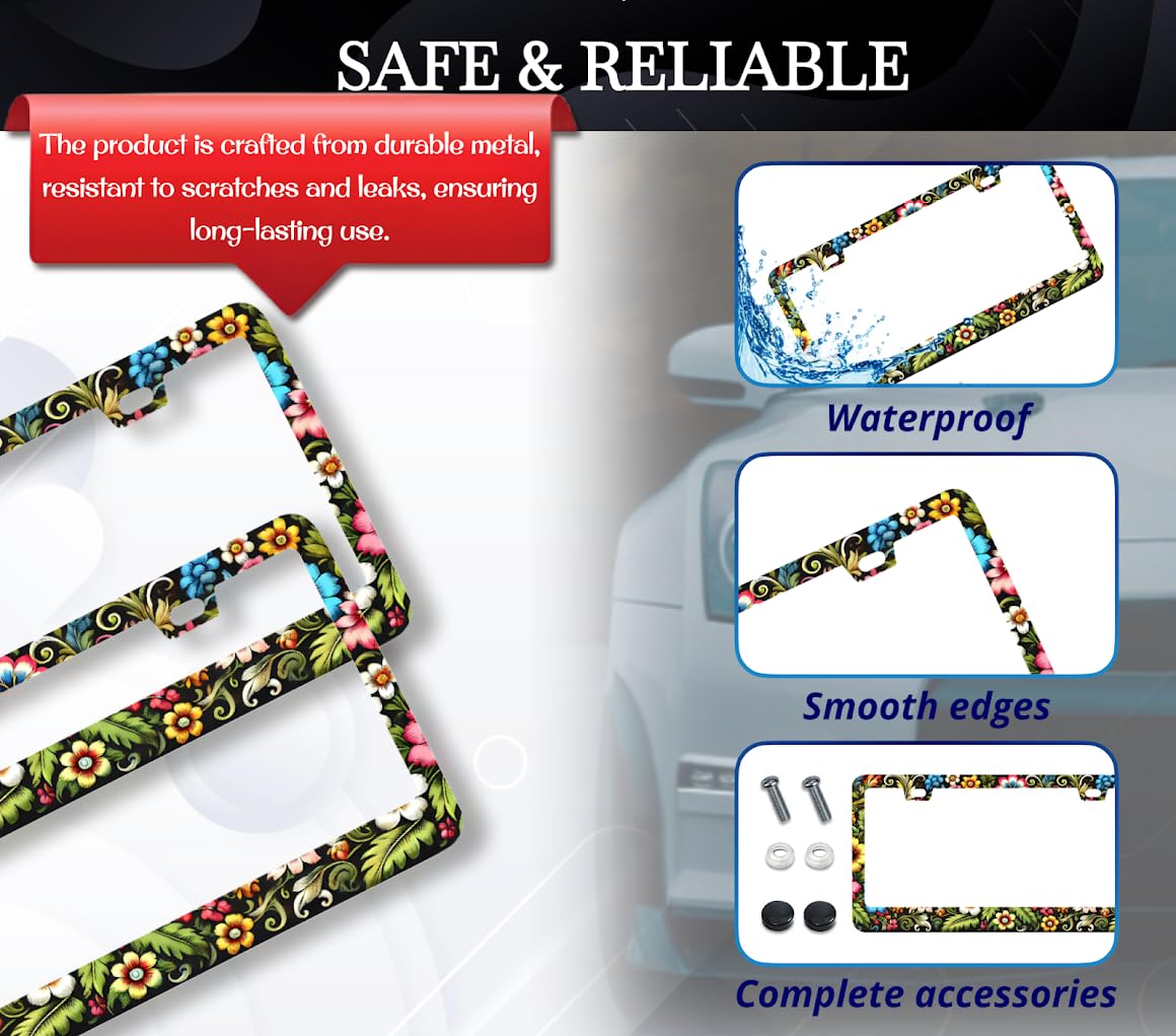 License Plate Frame 6x12.25 Inch - Multicolored Flowers on Black Background - with 2 Holes and Screws - Stainless Steel Number Frame with Print - US Standard License Plate Frames Car Accessory