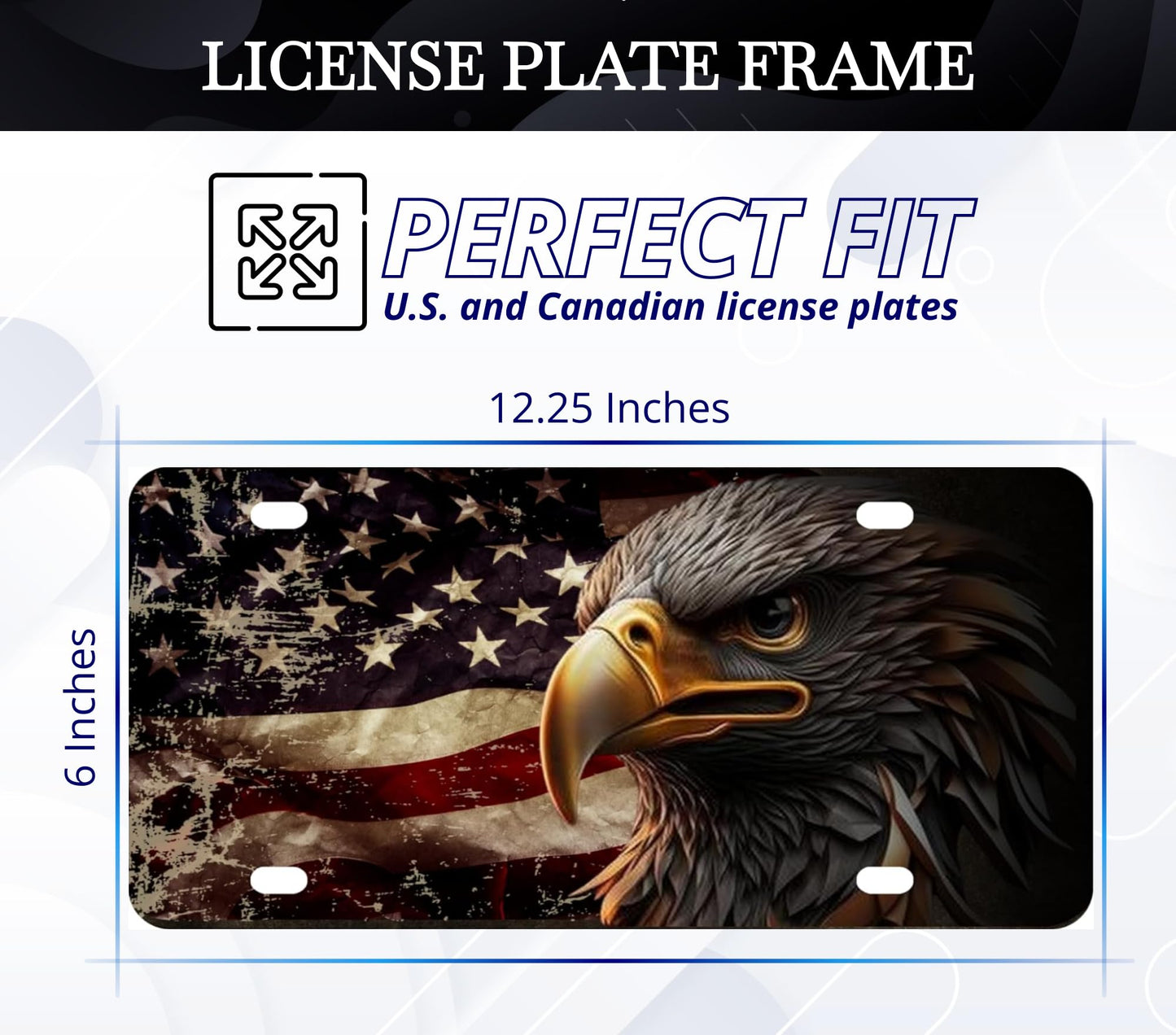 6x12.25 Inch Personalized American Flag Eagle License Plate Frame with 4 Holes and Screws - Vintage Flag License Plate Frames for Car Accessory - Stainless Steel Standart Cars USA and Canada Frame