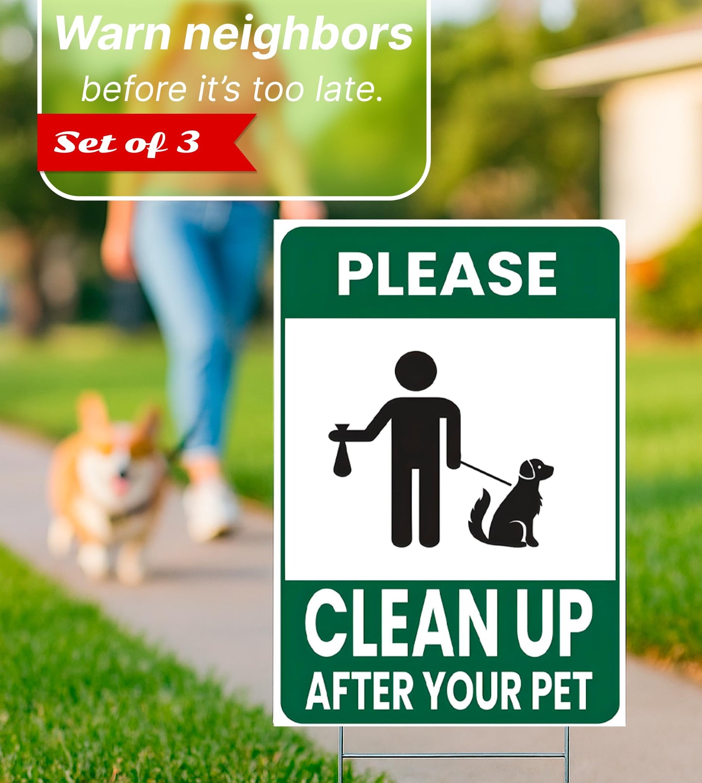 3X Plastic Double Sided Please Clean Up After Your Pet - 12x8 Inch Signs with H-shaped Front Yard Stakes - Pet Signs on the Yard Lawn - Collect Dog Poop and Don't Wet the Lawn - Signs To Curb Your Dog