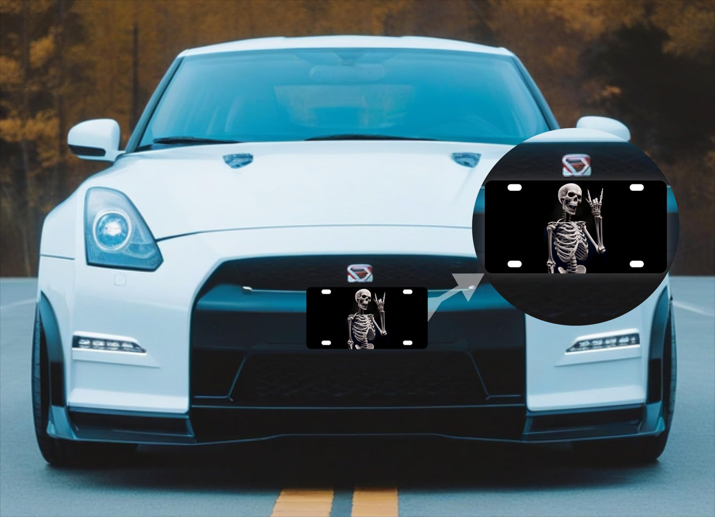Personalized Human Skeleton Black License Plate Frame - Funny Halloween Skull Front License Plate Frames Designs with 4 Standard Slotted Mounting Holes - Vanity for Front of Car Spooky Skeleton Print