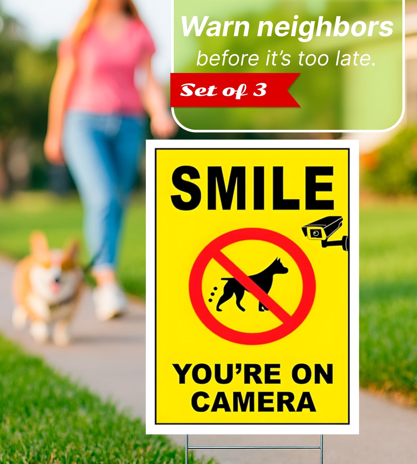 3-Pack 12x8 Inch Smile Your on Camera Signs with Stakes – Outdoor Lawn Protection No Trespassing, Video Surveillance Home Security Yard Plastic Signs – Double-Sided Warning Sign for Private Property