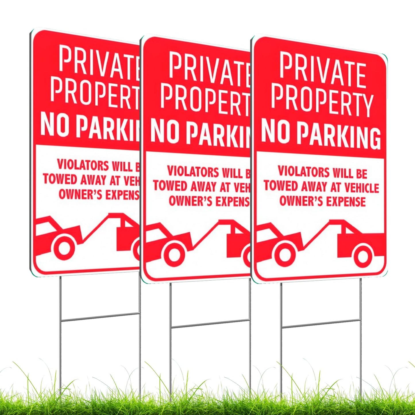 3X Private Property No Parking Plastic Sign with H-Stakes - 12x8 Inch No Parking Signs for Business - Stay Off Grass Double Sided Signs for Yard - Violators Will Be Towed Away Vehicle Owner's Expense