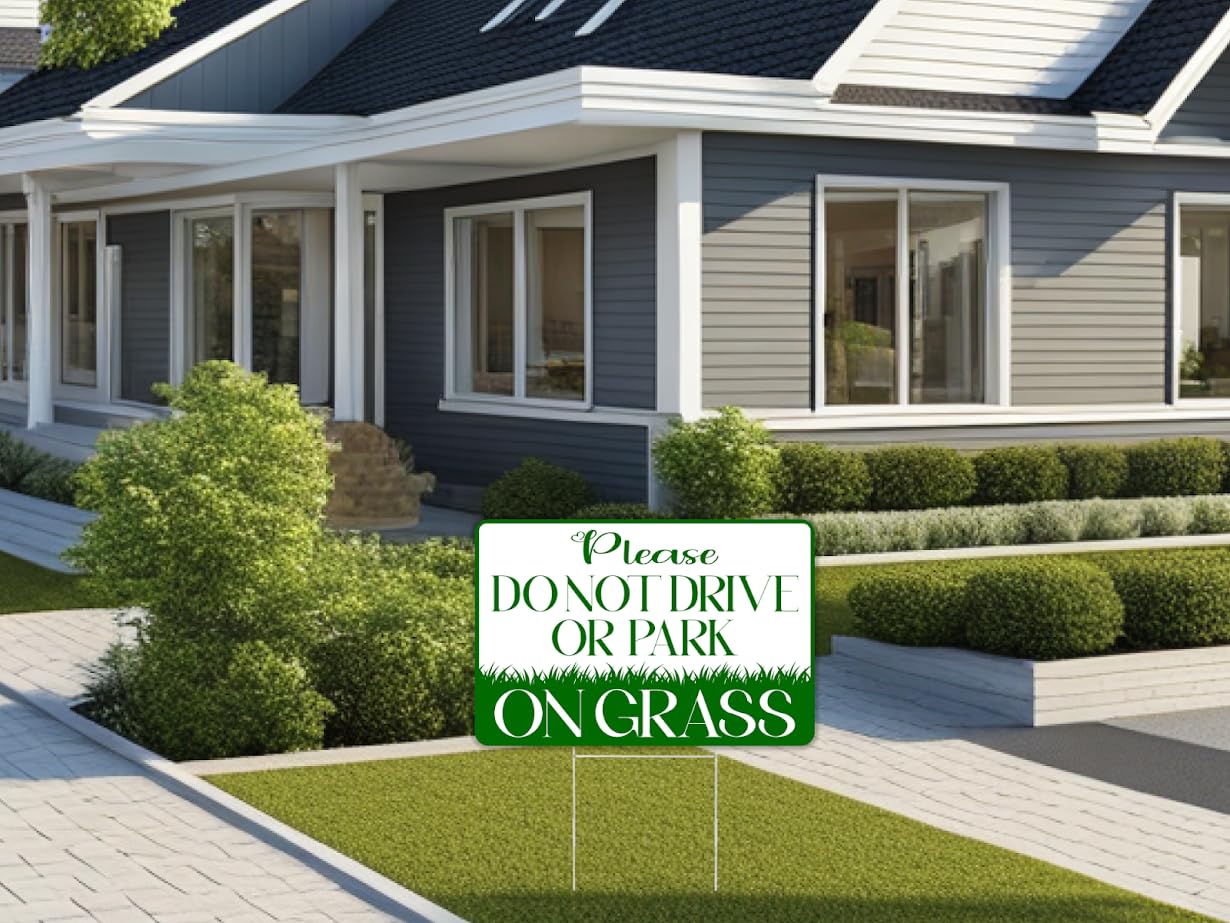 8x12 inch 6X Please Do Not Drive or Park on Grass Yard Plastic Signs - Keep off Grass Double Sided Sign - No Parking Signs with Stand - Stay Off Grass Stay Off Lawn No Parking on Grass Sign for Yard