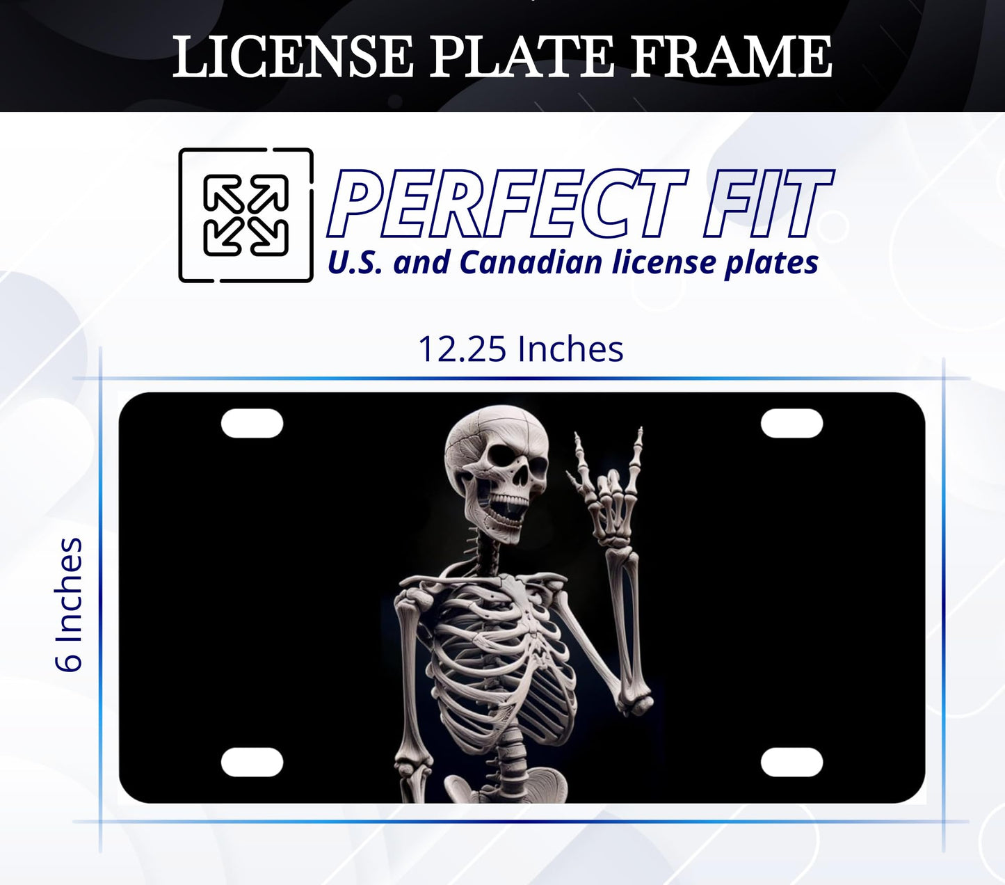 Personalized Human Skeleton Black License Plate Frame - Funny Halloween Skull Front License Plate Frames Designs with 4 Standard Slotted Mounting Holes - Vanity for Front of Car Spooky Skeleton Print