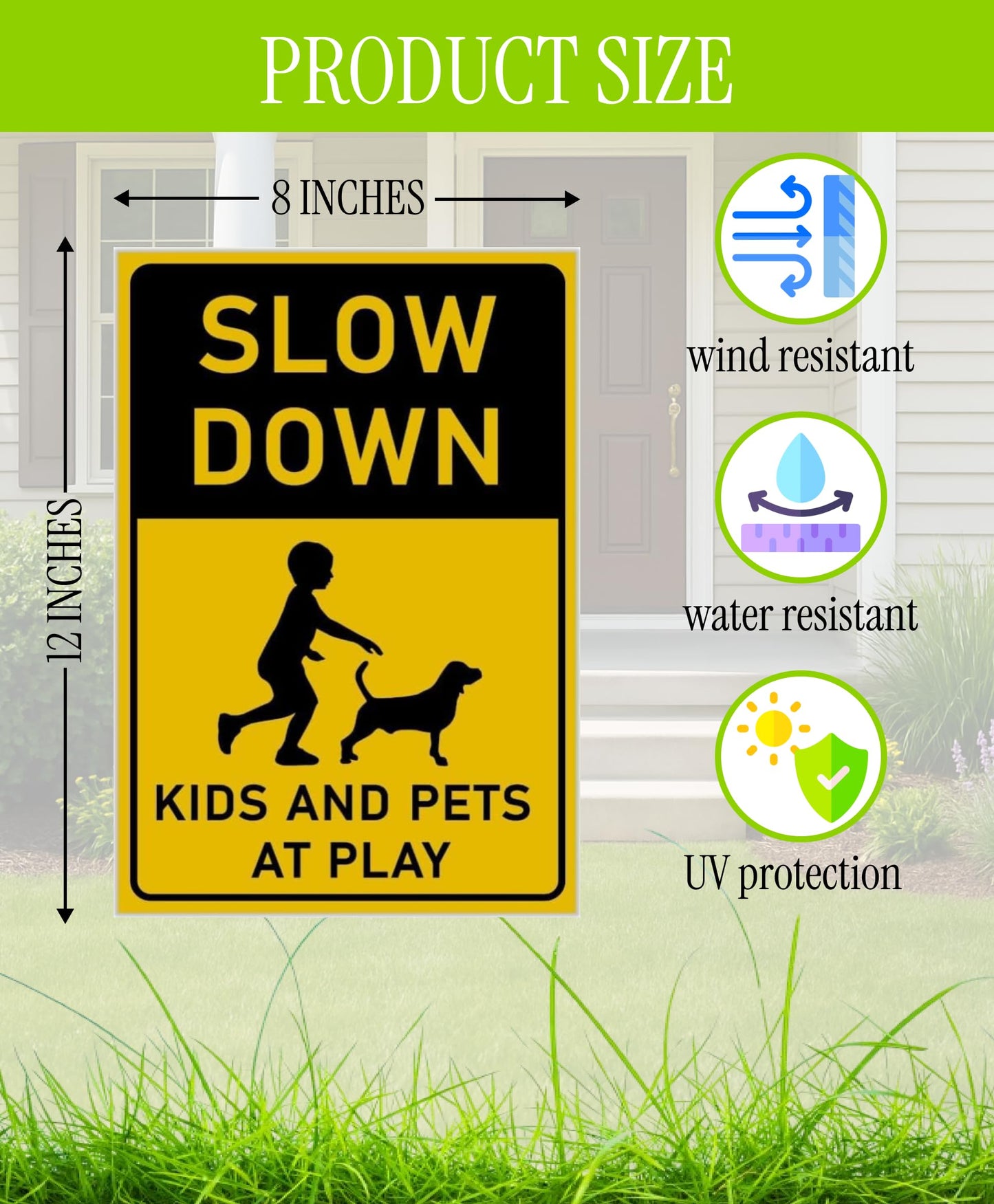 8x12 inch 3X Slow Down Kids and Pets at Play Yard Plastic Signs with Metal Wire H-Stakes - Street Slow Children at Play Double Sided Sign - Drive Like Your Kids Live Here - Easy to Mount for Driveway