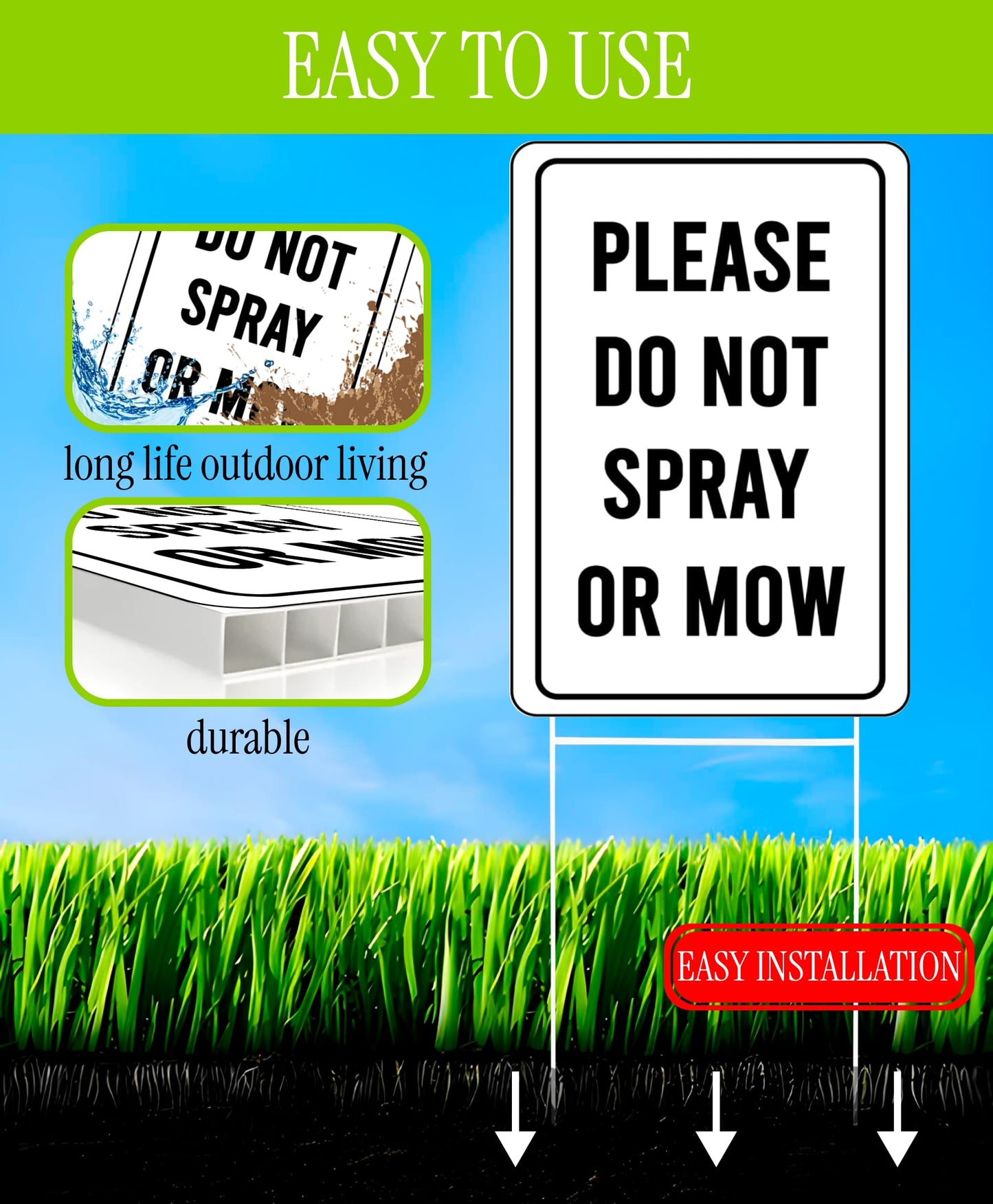 Set of 3 Double Sided Please Do not Spray or Mow Sign with Metal Stakes - 12x8 Inches Plastics Garden Signs Outdoor or Indoor for Lawn Yard - Please Stay Off My Grass Yard Sign