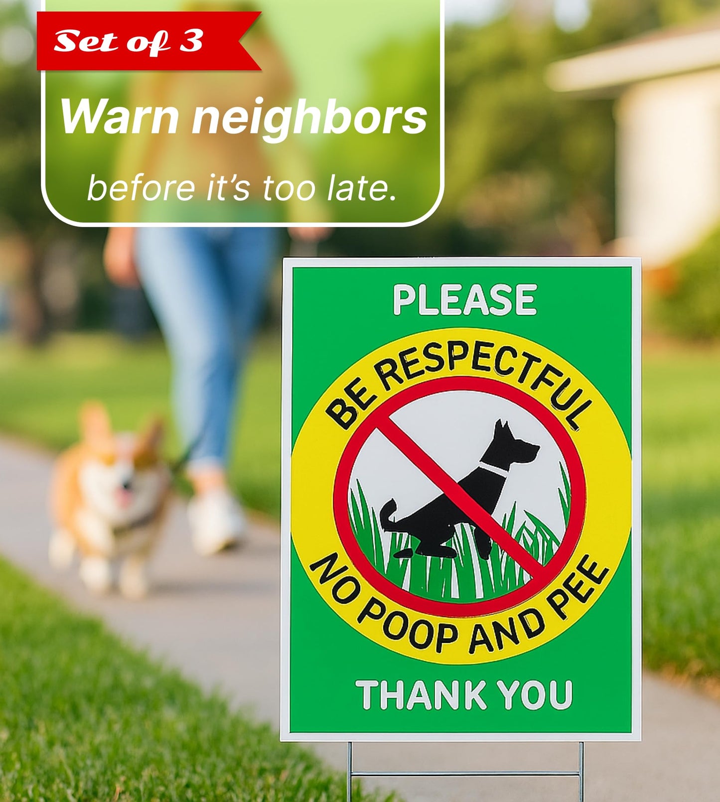 Set of 3 Double Sided 12x8 Inches Please Be Respectful No Poop And Pee Thank You Plastic Sign with Metal Stakes - No Pet Pooping or Waste or Poop - No Pooping and No Peeing Dog Yard Signs