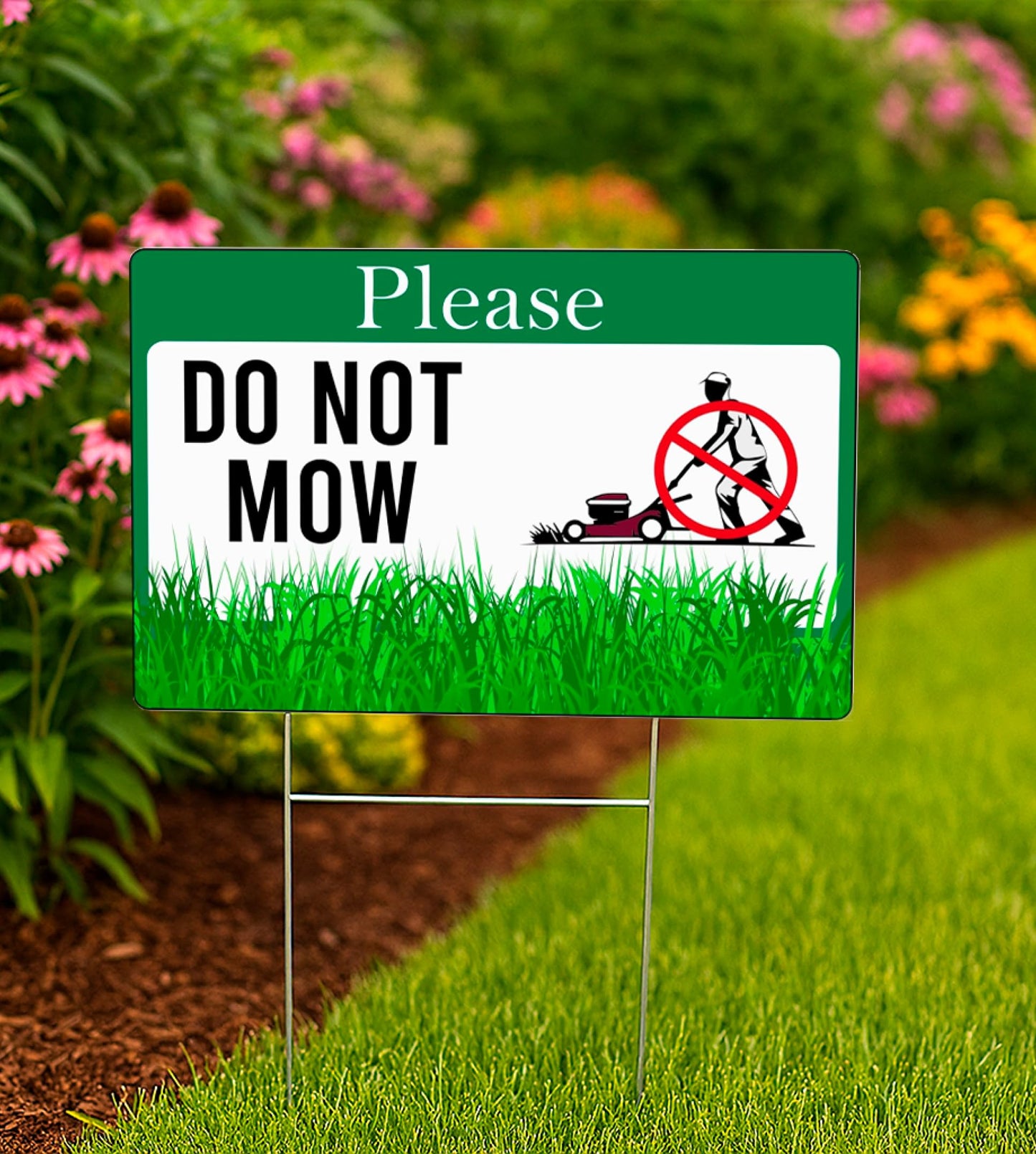 Set of 3 Double Sided Please Do Not Mow Sign with Metal Stakes - 12x8 Inches Plastics Garden Mow Signs for Outdoor and Indoor - No Mow May Yard Sign for Lawn - No Mowing Beyond This Point Sign