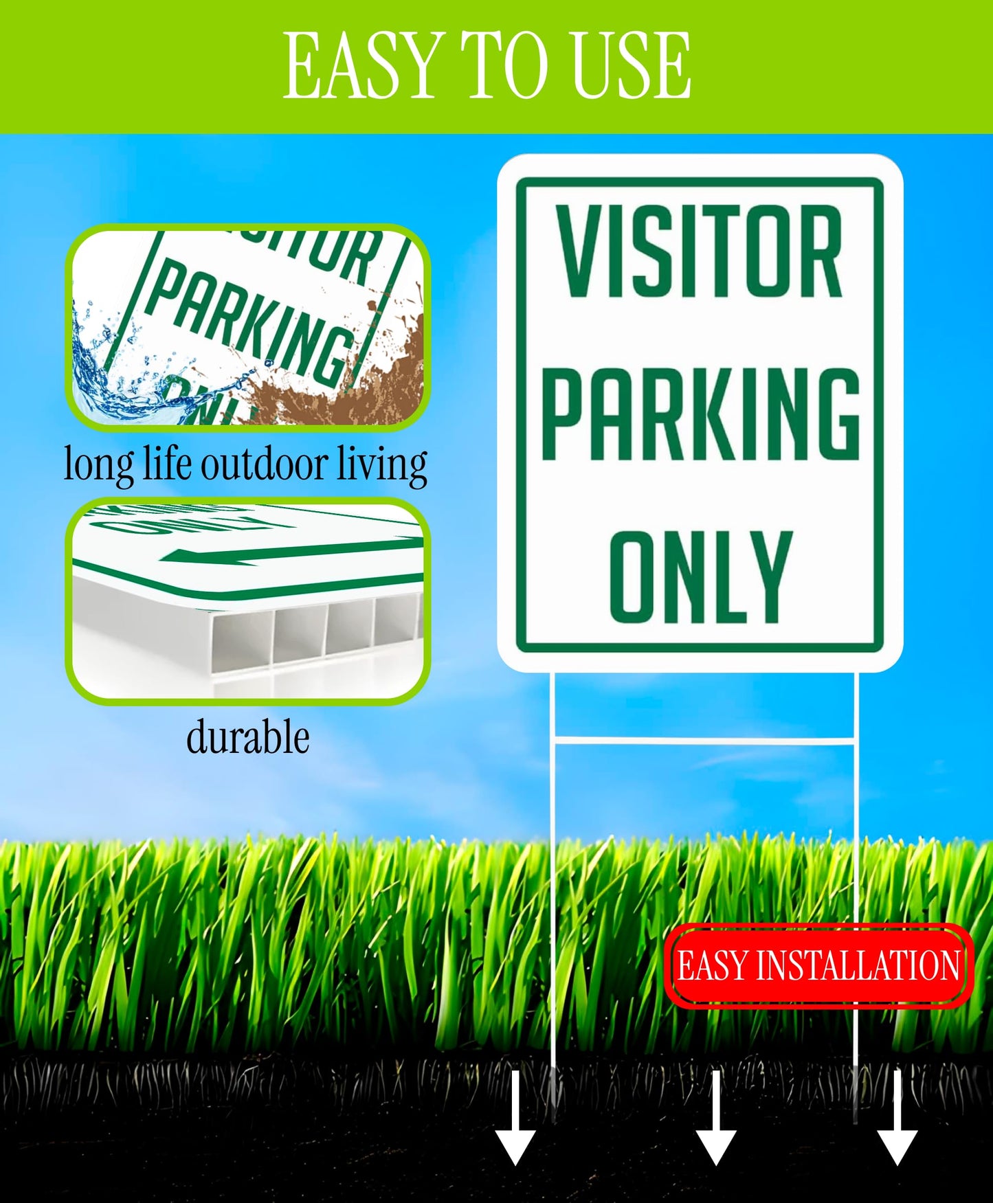 Set of 3 Double Sided 12x16 Inch Plastic Sign "Visitor Parking Only" with Metal H-Stakes - Plastic Parking Signs Green on White - Guest Parking Only Signage - Parking Visitor Sign for Yard