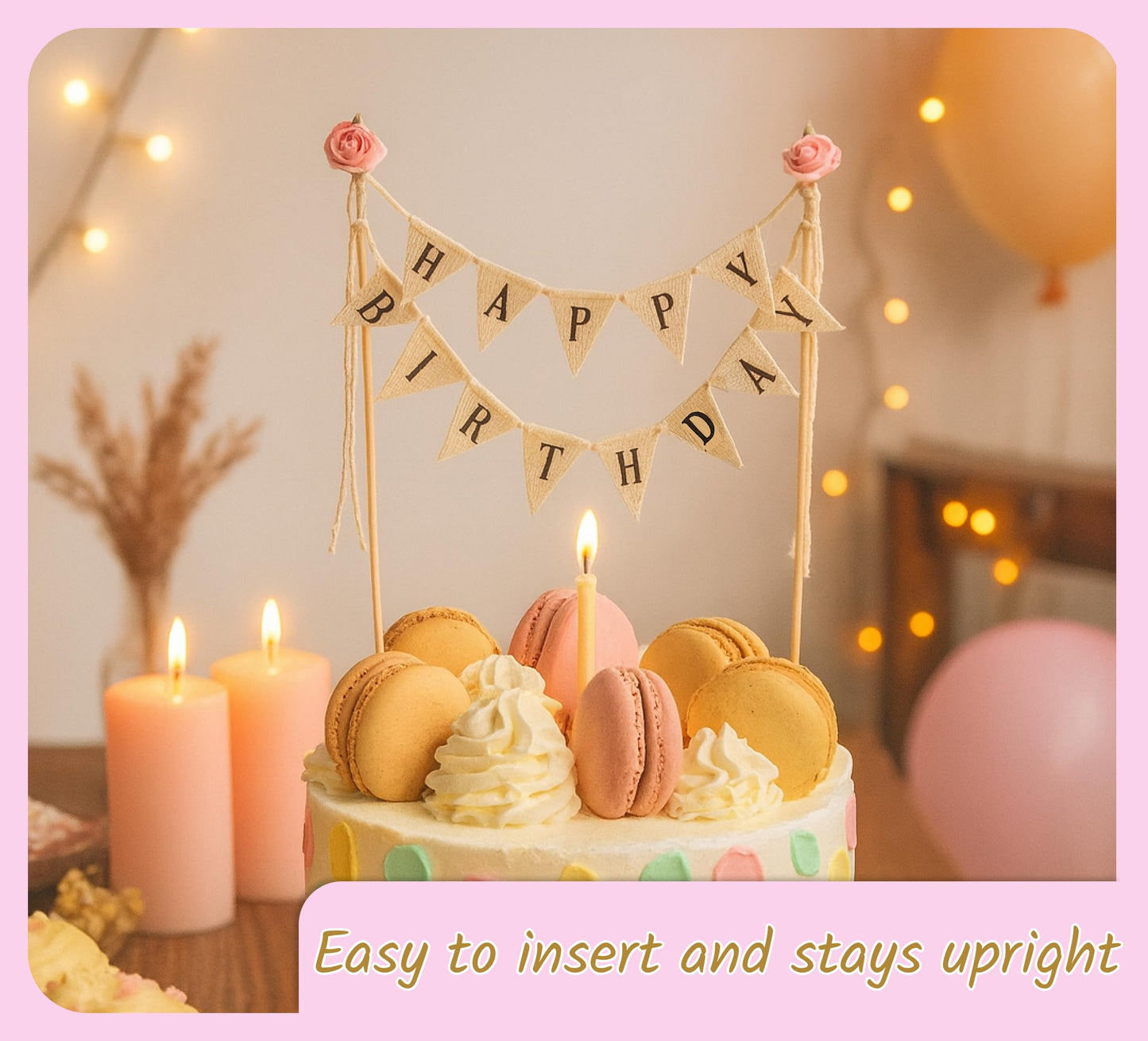 9.8x10 Inch Happy Birthday Cake Bunting Topper Garland - Happy Birthday Party Decorations - Paper Craft Durable Multifunctional Cake Topper - Theme Birthday Party for Boys or Girls (With Pink Rose)