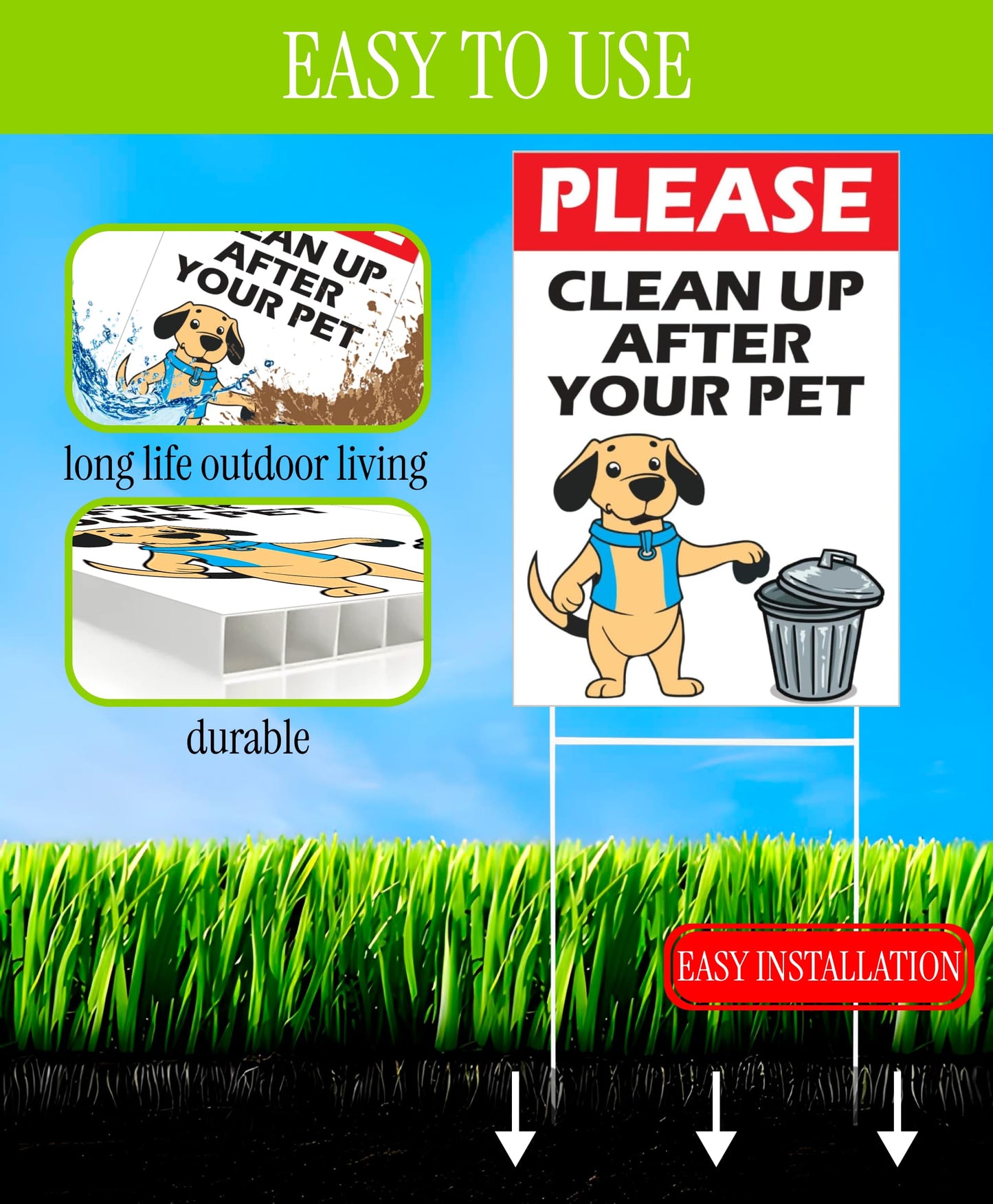 3X Clean Up After Your Dog Yard Double sided Sign 8x12 inch - Funny No Dog Poop Plastic Signs with Stake - Keep Dogs off Grass Signs for Yard Garden Lawn - No Dogs Allowed or Keep off Grass Sign