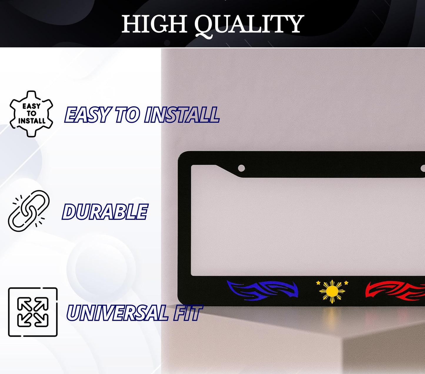 6x12.25 Inch License Plate Frame Philippines Star Tribal - Auto Parts License Plate Frame Decorative - Metal Black Car Frames with 2 Holes and Screws - Standart Cars USA Frame