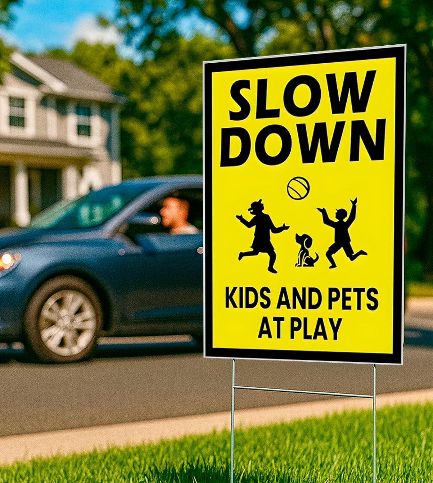 3 Pack Single Sided 8x12 Please Slow Down Kids and Pets at Play Yard Plastic Sign with Metal H-Stakes - Children At Play - Drive Like Your Kids Live Here Safety signs for Street - Cat Crossing Sign