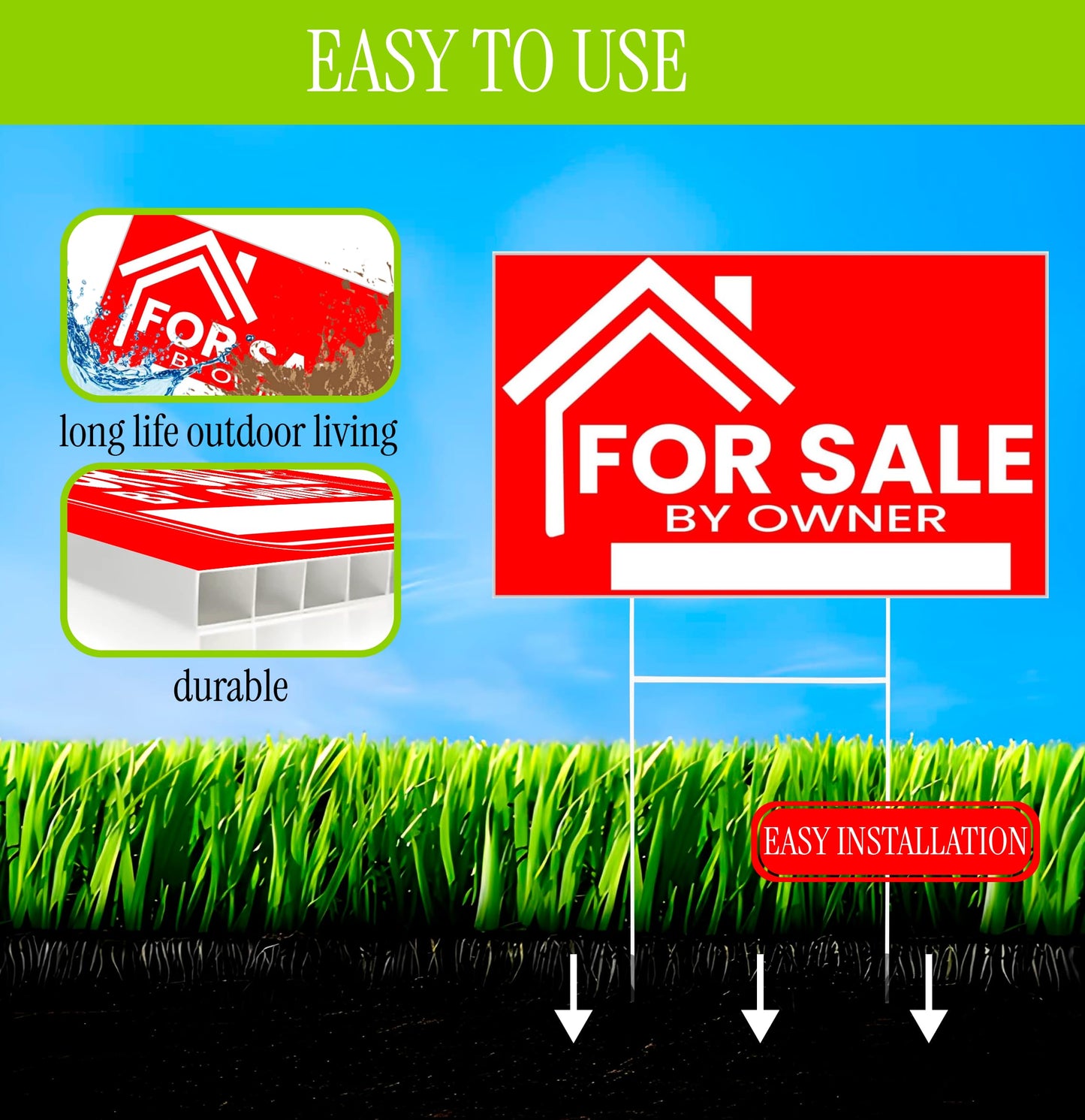 3X For Sale By Owner Yard Sign 12x16 Double Sided Yard Plastic Signs with H Stakes - Perfect for Home Owners Real Estate Directional Signs - House For Sale Sign for Real Estate Agent Realtor Supplies