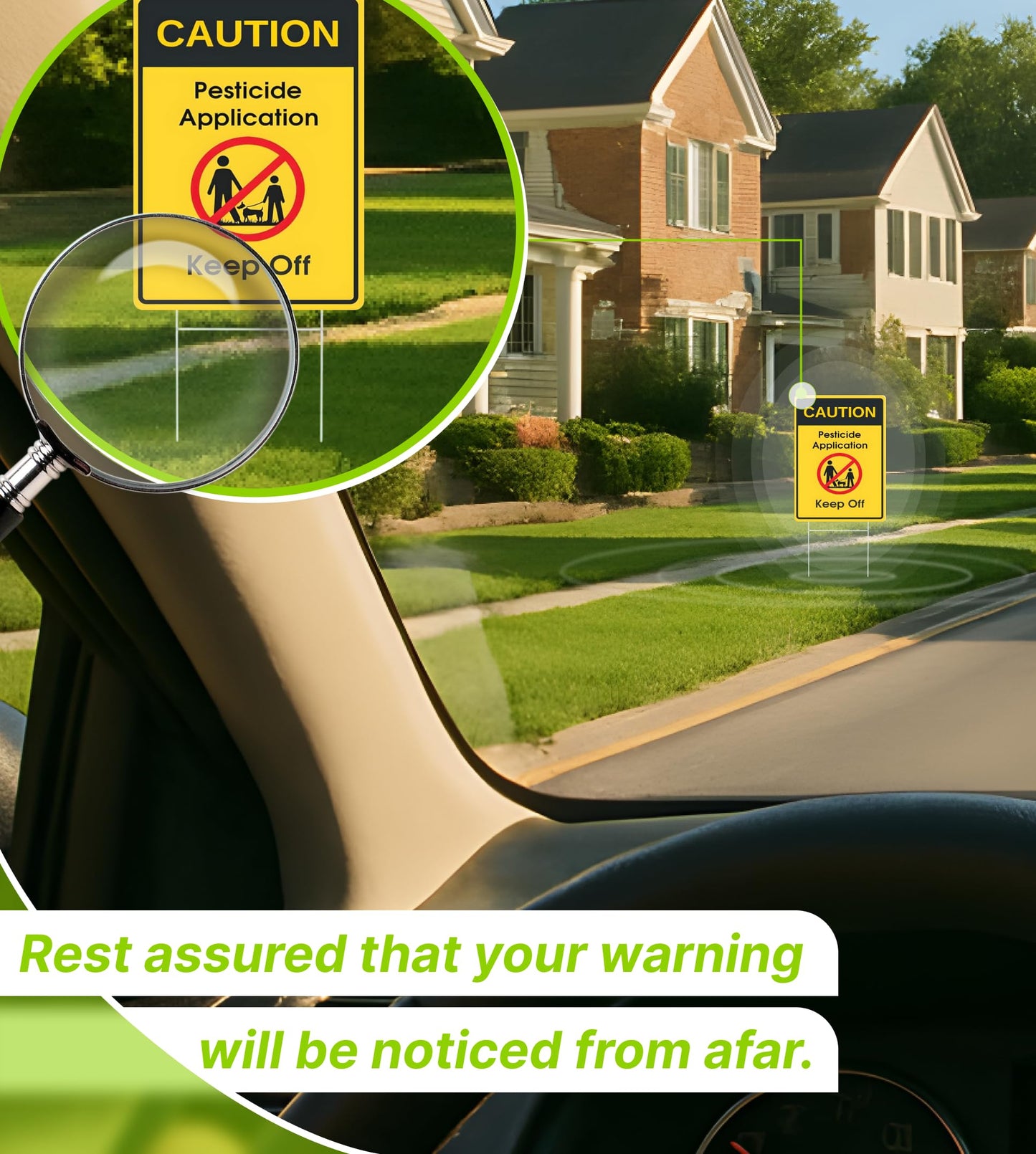 Set of 3 Double Sided 12x8 Inches Caution - Application, Keep Off Signs - Please Keep All Pets and Kids Off The Grass Sign with Metal Wire H-Stakes - Plastic Security Stay Off My Grass Yard Sign
