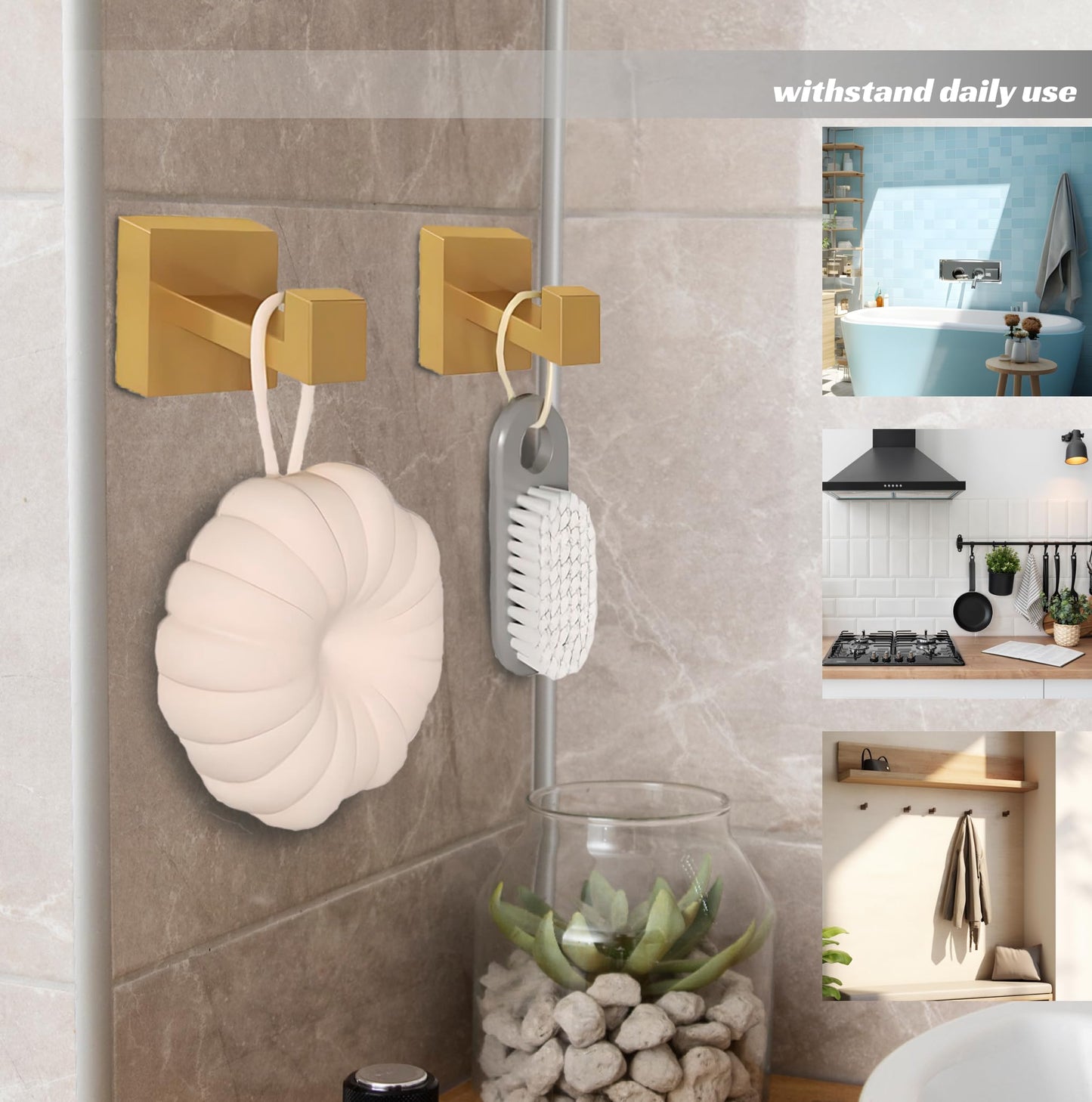 Set of 4 Gold Towel Hooks for Bathrooms - Robe Hook or Coat Holder - Brushed Stainless Steel Wall Mounted Square Hooks for Kitchen or Bedroom - Matte Gold Hook Hotel - Stylish Bath Hooks for Towels