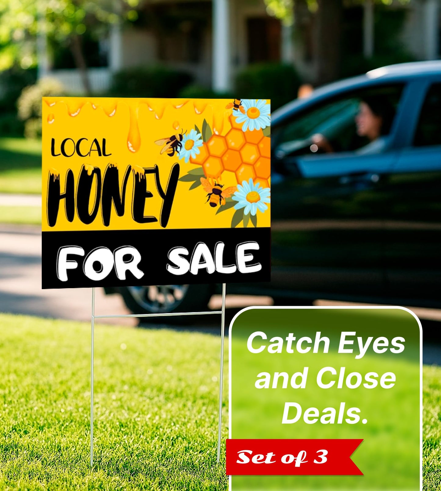 Set of 3 Double Sided 12x16 Inches Local Honey For Sale Yard Sign with Metal H-Stakes - Local Honey Sale Signs for Farm Garden Lawn Outdoor - Funny Plastic Signs For Sale Bee Hive Decoration