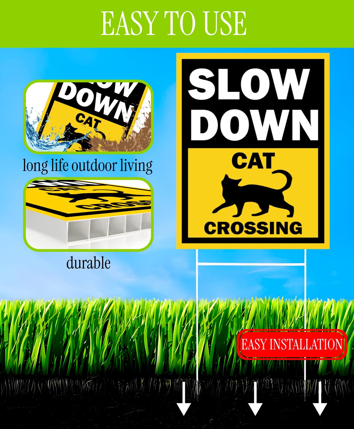 Set of 3 Double Sided 12x16 Inches Slow Down Cat Crossing Sign with Metal Wire H-Stakes - Slow Down Caution Sign For Neighborhoods Yard Farm - Plastic Decorations Animal Crossing Signs