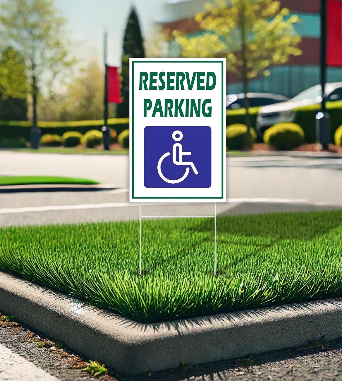 Pack of 3 Reserved Parking Double Sided Sign 12x8 inch with Metal H-Shaped Stakes - Handicap Parking Signs with Picture of Wheelchair Sign - Road Traffic Yard Plastic Signs