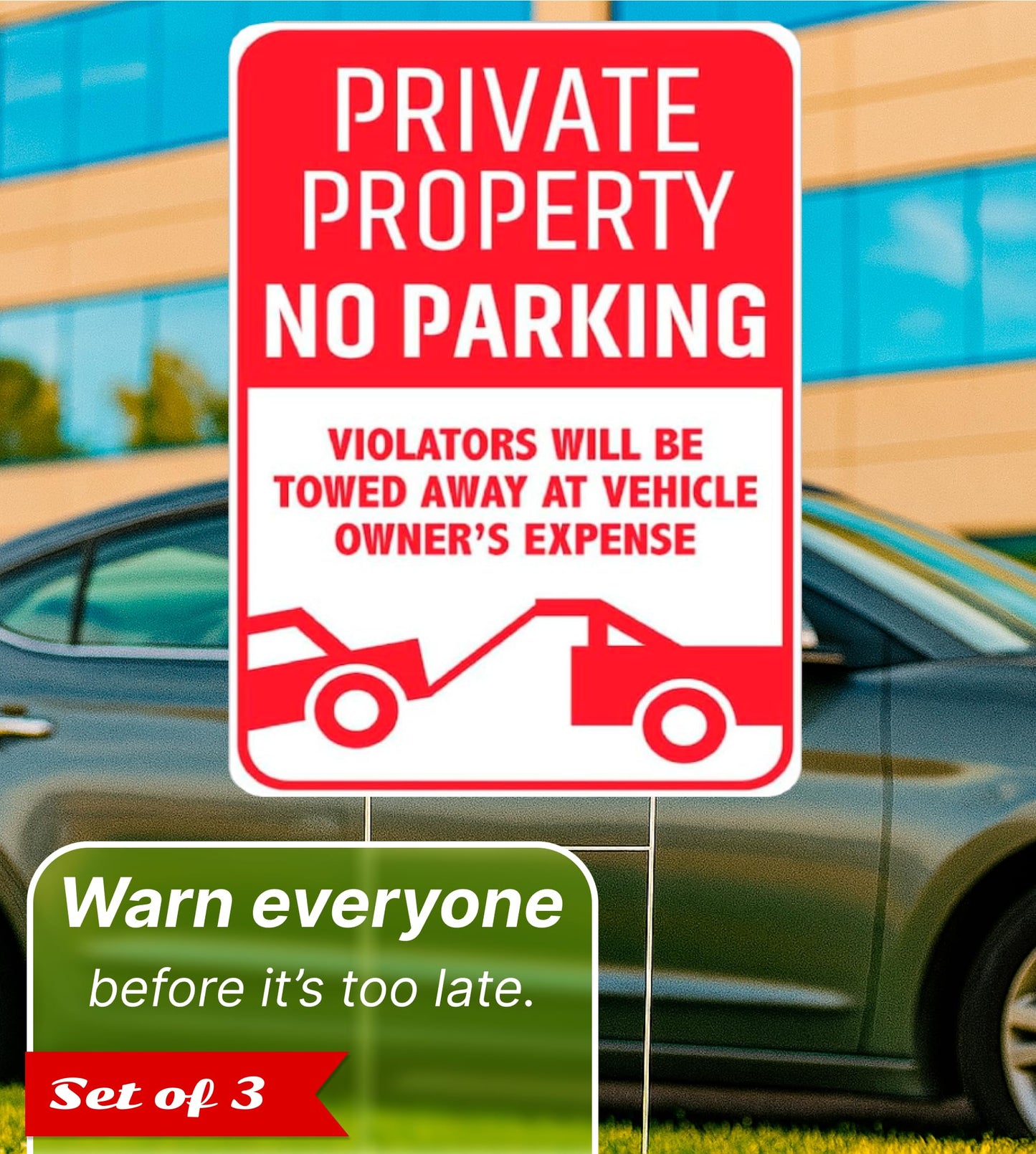 3X Private Property No Parking Plastic Sign with H-Stakes - 12x8 Inch No Parking Signs for Business - Stay Off Grass Double Sided Signs for Yard - Violators Will Be Towed Away Vehicle Owner's Expense