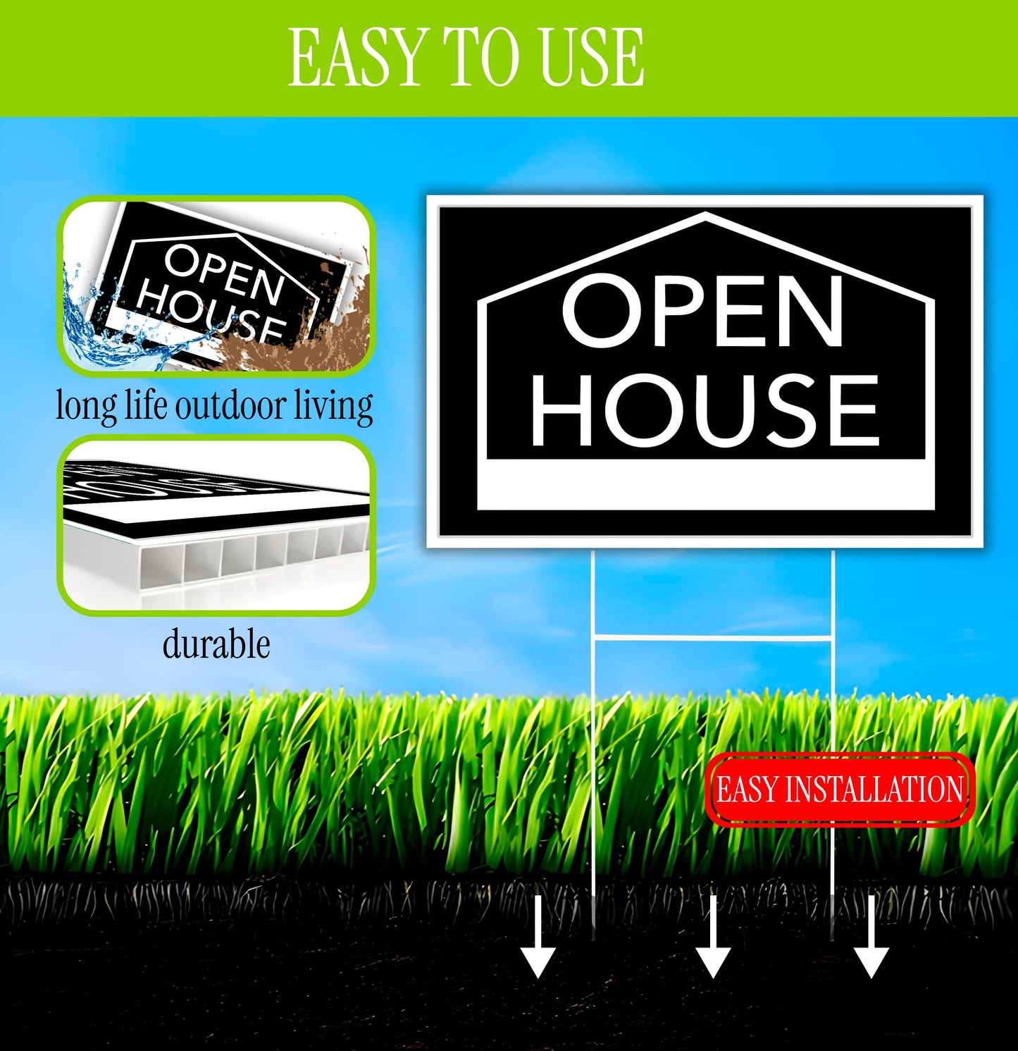 3X Open House Plastic Signs 12x16 Inch for Real Estate Agent for Sale Double Sided Sign with H Wire Stakes - Moving Sale Directional Signs Kit - Realtor for Sent Houses for Sale By Owner Yard Sign