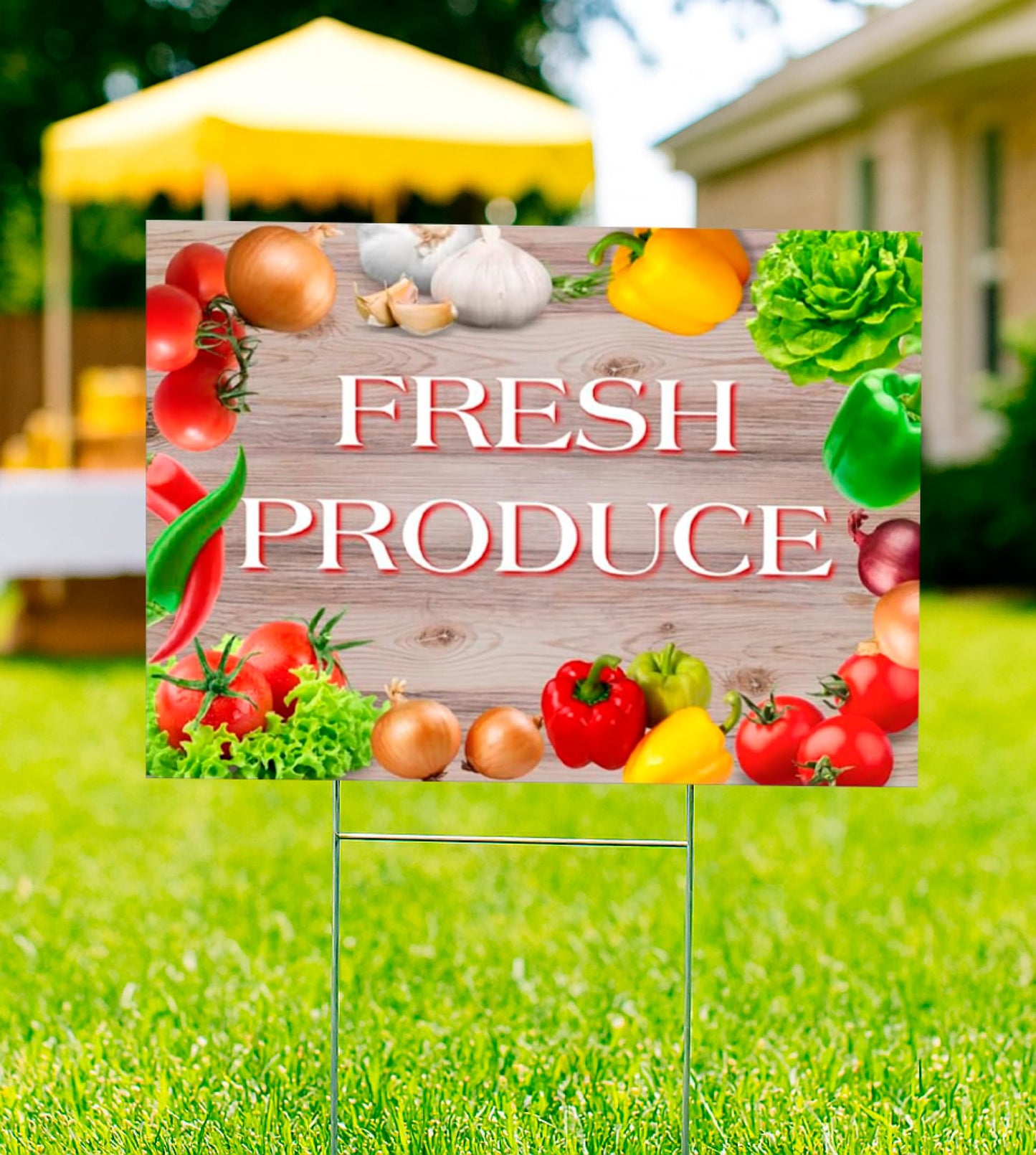 Set of 3 Double Sided 12x16 Inches Fresh Produce Sign with Metal H-Stakes - Vegetable Sign Outdoor or Indoor Yard Signs - Plastic Fresh Produce Event Signage for Outside Business
