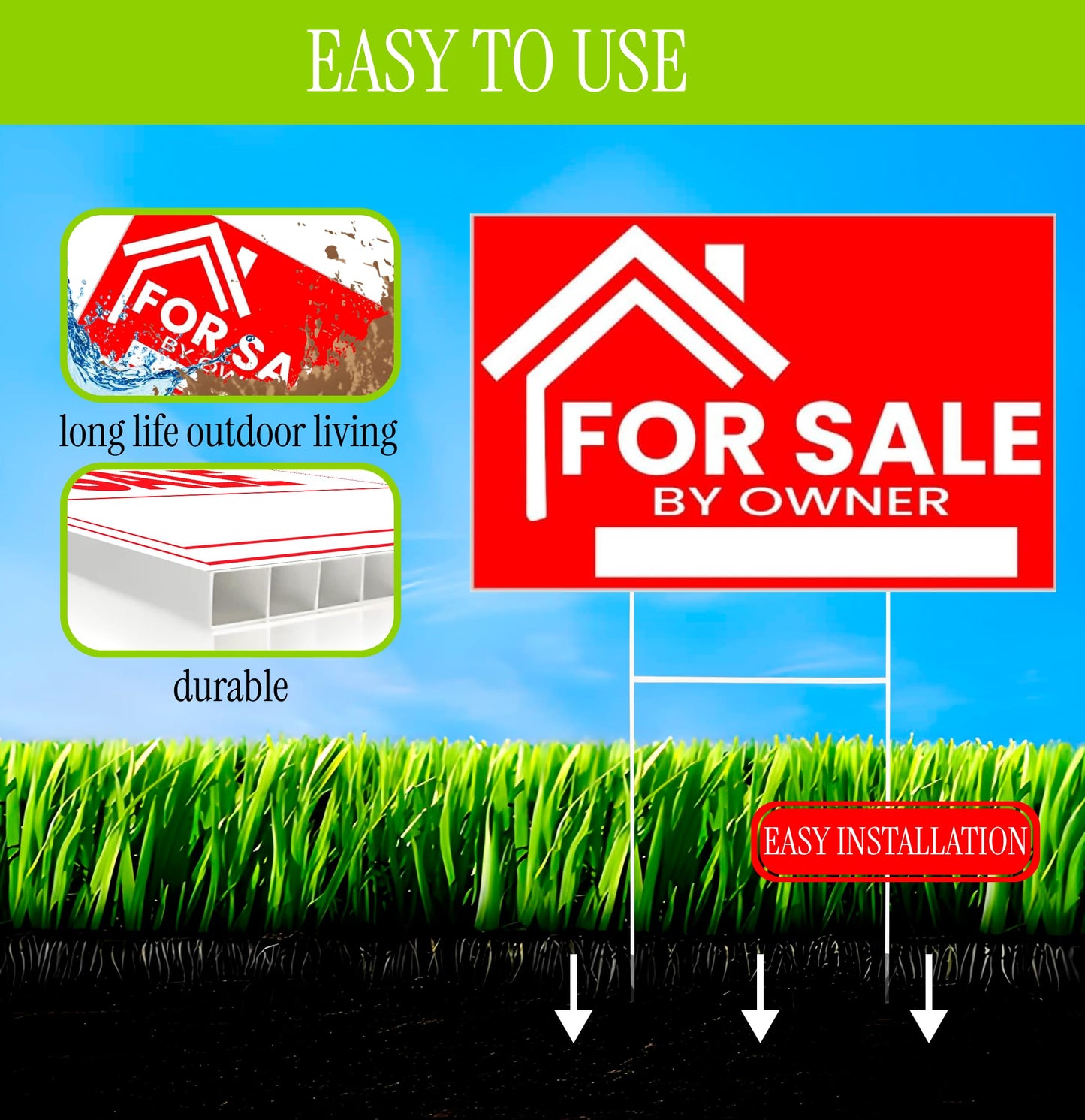 3X For Sale By Owner Yard Sign 12x16 - Single Sided Yard Signs with H Stakes - Home Owners Real Estate Directional Plastic Sale Signs - House For Sale Signs for Real Estate Agent Realtor Supplies
