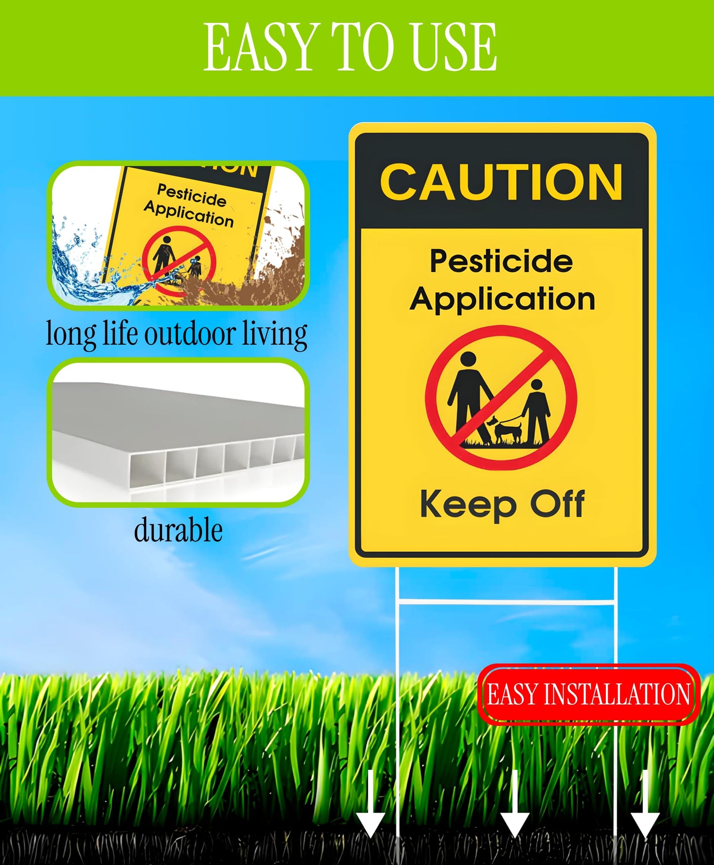 Set of 3 Double Sided 12x8 Inches Caution - Application, Keep Off Signs - Please Keep All Pets and Kids Off The Grass Sign with Metal Wire H-Stakes - Plastic Security Stay Off My Grass Yard Sign