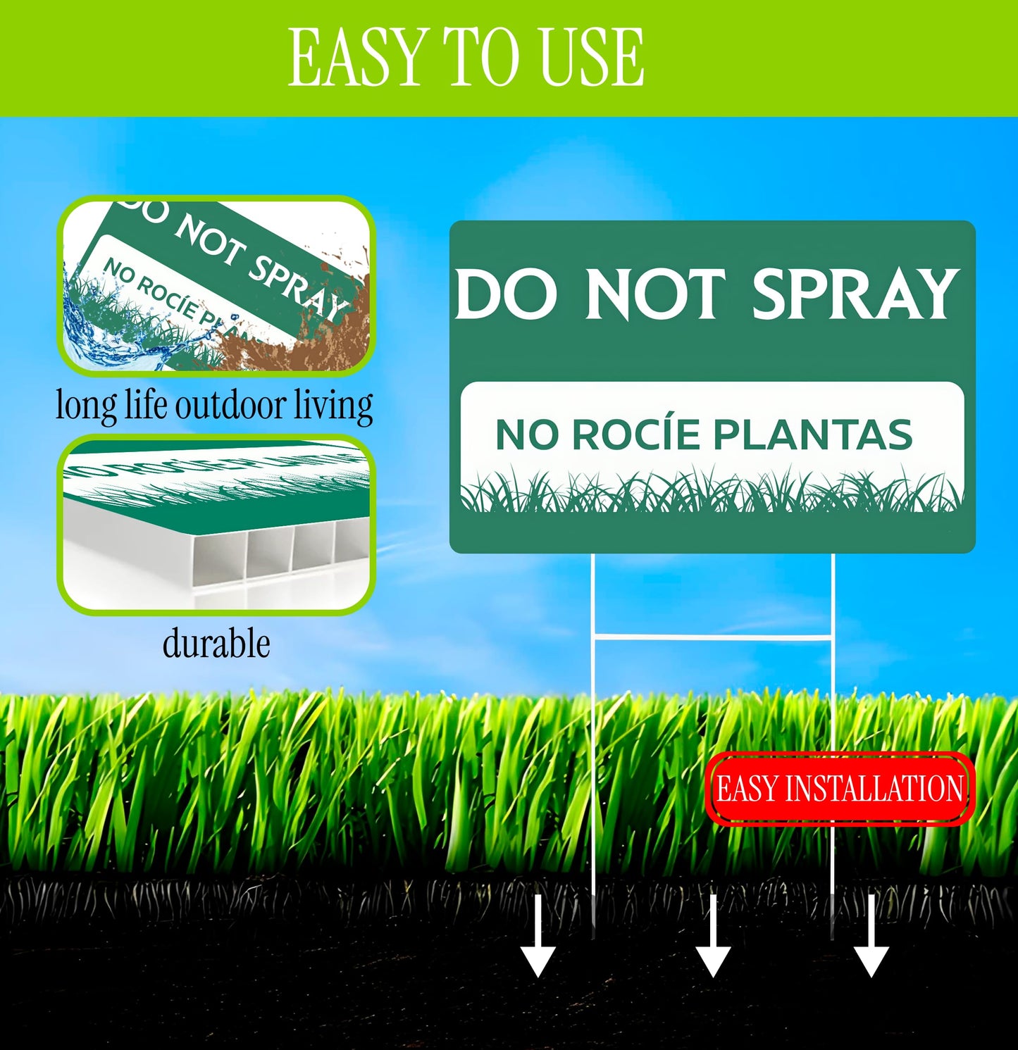 3 Pack 12x8 Inches Do Not Spray and Do Not Trim Yard Sign with Metal Stake - Green Bilingual Double Sided Do No Trim Signs for Outdoor - Plastic Neighborhood Street Caution Yard Signs