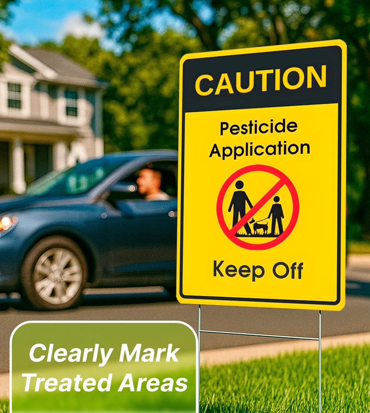 Set of 3 Double Sided 12x8 Inches Caution - Application, Keep Off Signs - Please Keep All Pets and Kids Off The Grass Sign with Metal Wire H-Stakes - Plastic Security Stay Off My Grass Yard Sign