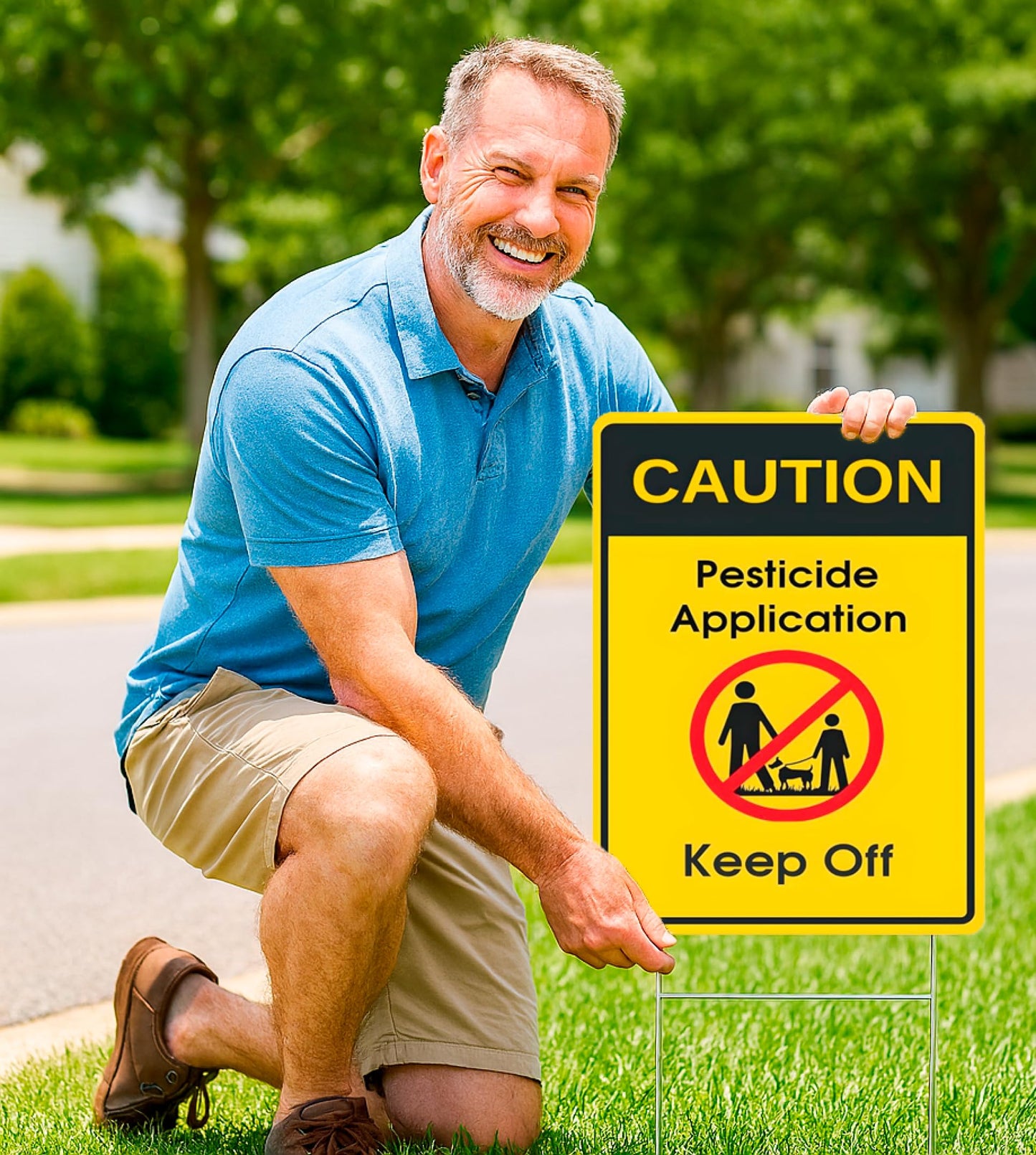 Set of 3 Double Sided 12x8 Inches Caution - Application, Keep Off Signs - Please Keep All Pets and Kids Off The Grass Sign with Metal Wire H-Stakes - Plastic Security Stay Off My Grass Yard Sign