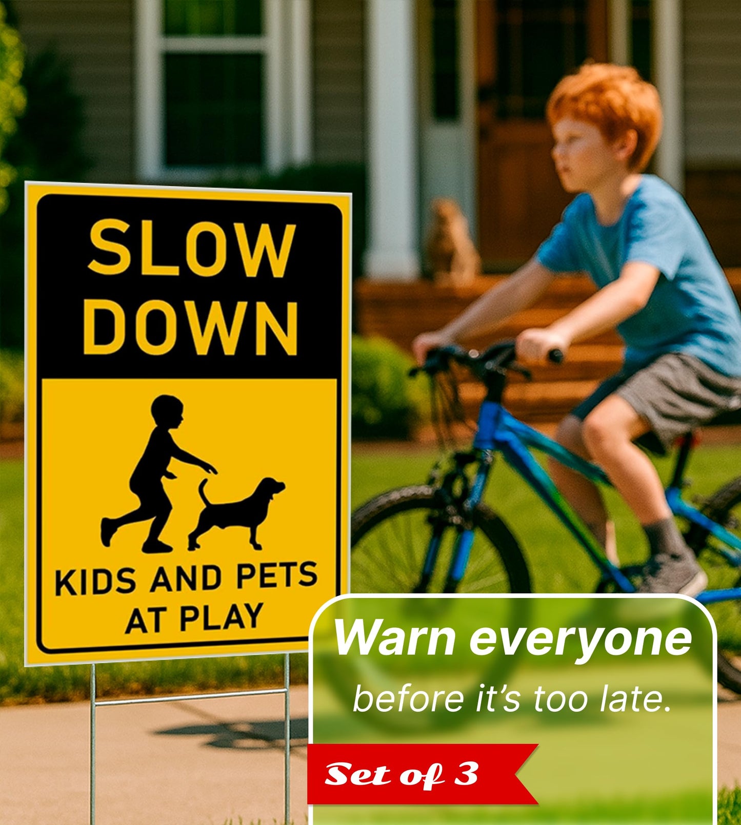 8x12 inch 3X Slow Down Kids and Pets at Play Yard Plastic Signs with Metal Wire H-Stakes - Street Slow Children at Play Double Sided Sign - Drive Like Your Kids Live Here - Easy to Mount for Driveway