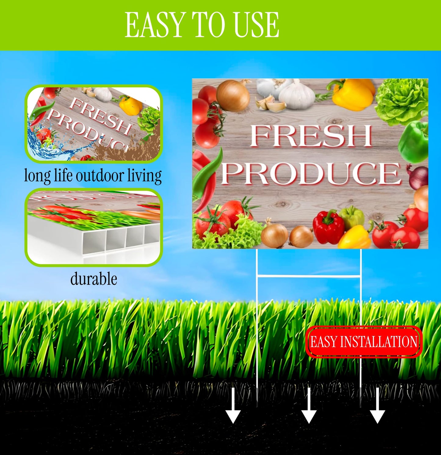 Set of 3 Double Sided 12x16 Inches Fresh Produce Sign with Metal H-Stakes - Vegetable Sign Outdoor or Indoor Yard Signs - Plastic Fresh Produce Event Signage for Outside Business