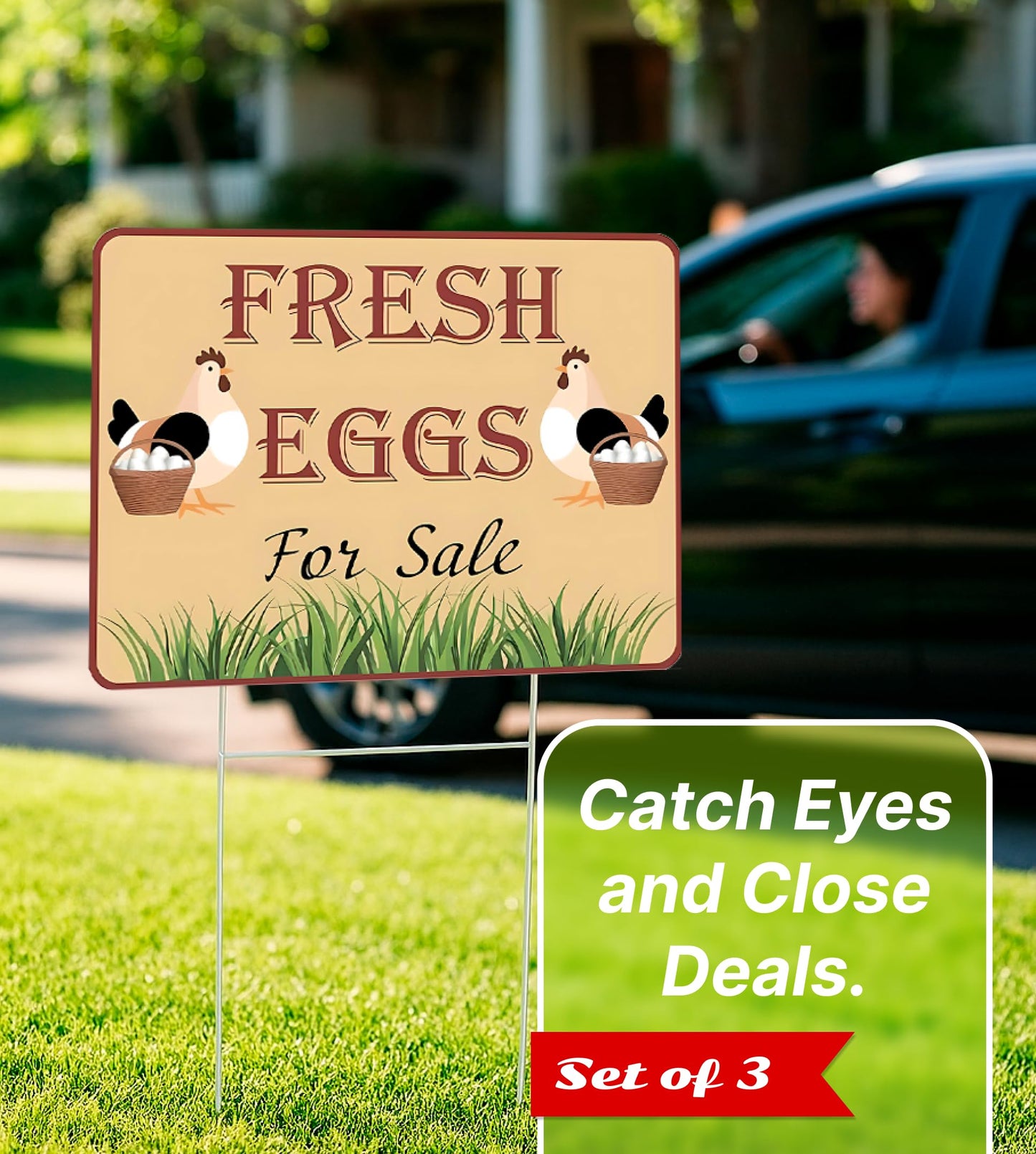 Set of 3 Double Sided 12x16 Inches Fresh Eggs For Sale Sign with Metal H-Stakes - Plastic Sign Fresh or Egg Sign for Outdoor and Indoor - Fresh Chicken Eggs For Sale Yard Sign