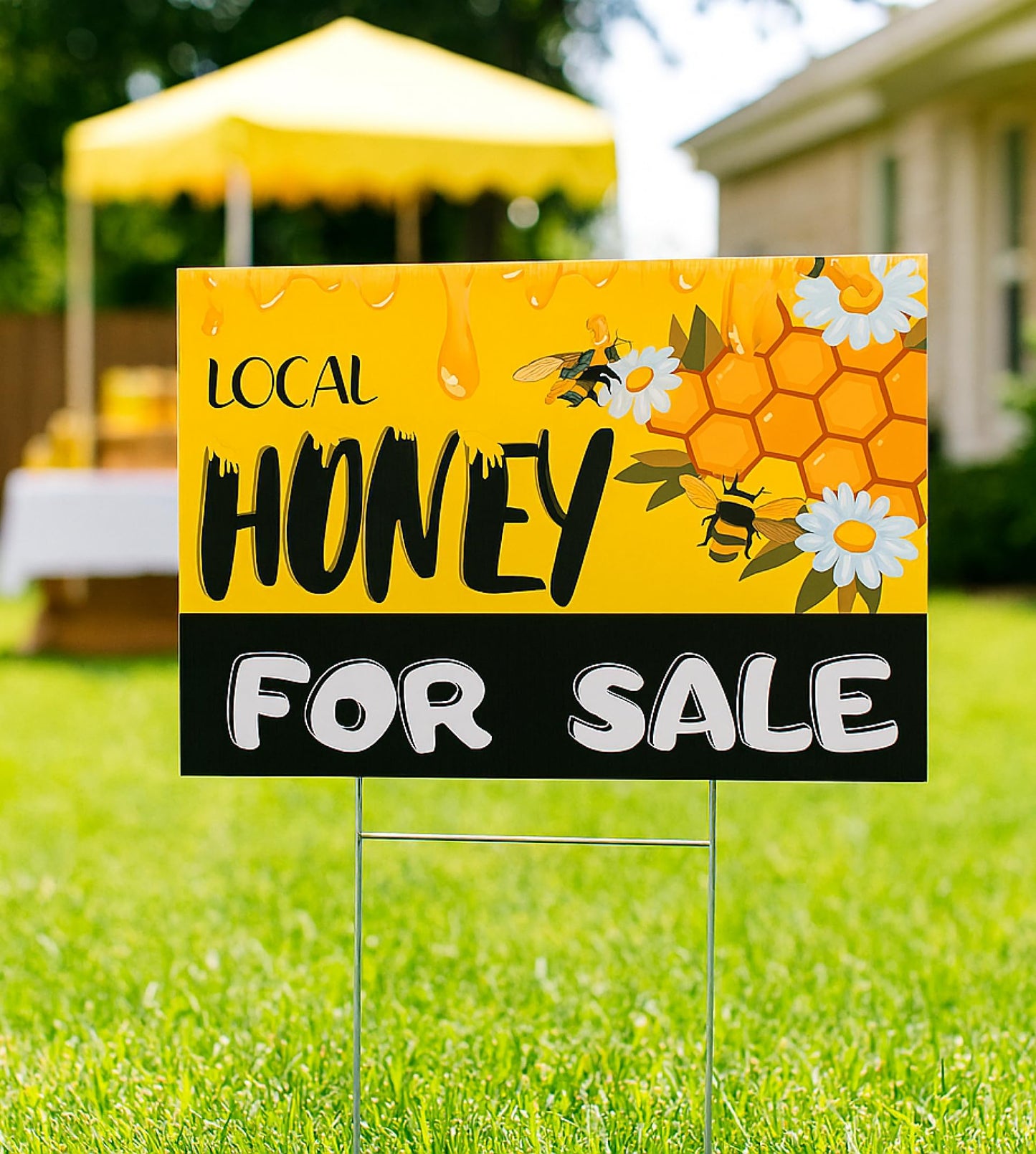 Set of 3 Double Sided 12x16 Inches Local Honey For Sale Yard Sign with Metal H-Stakes - Local Honey Sale Signs for Farm Garden Lawn Outdoor - Funny Plastic Signs For Sale Bee Hive Decoration