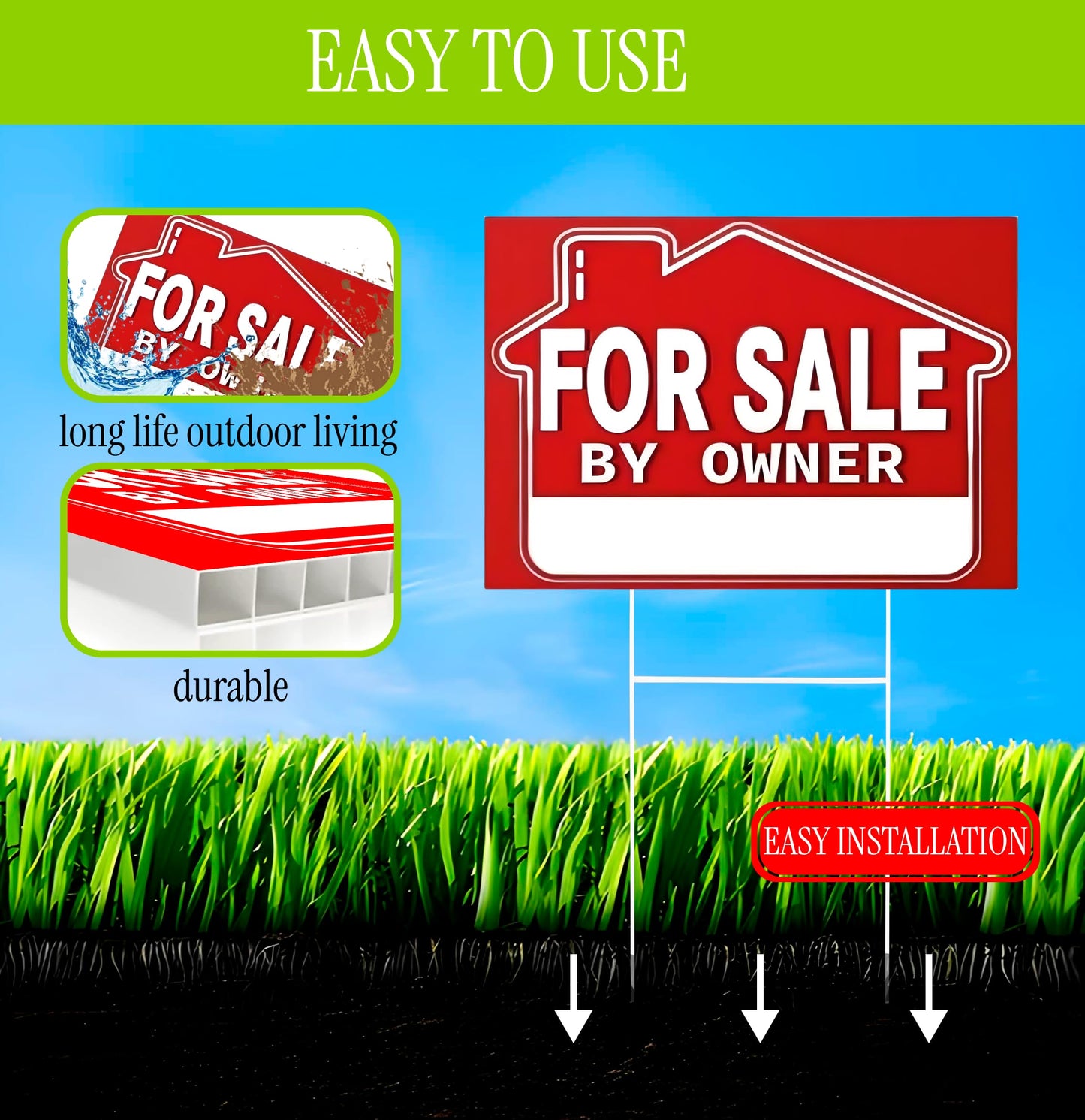5 Pack 12x16 For Sale By Owner Yard Plastic Sign - Yard Double Sided Signs with Metal H Stakes - Sign for Real Estate Agent Realtor Supplies Real Estate Signs - House For Sale for Home Owners