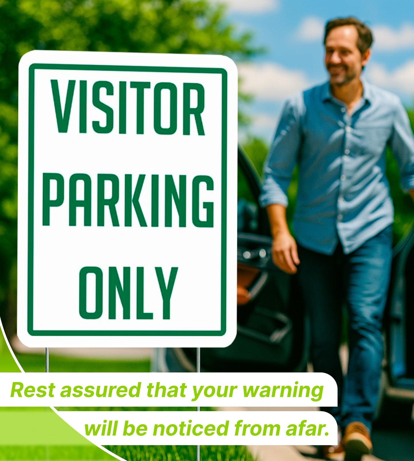 Set of 3 Double Sided 12x16 Inch Plastic Sign "Visitor Parking Only" with Metal H-Stakes - Plastic Parking Signs Green on White - Guest Parking Only Signage - Parking Visitor Sign for Yard