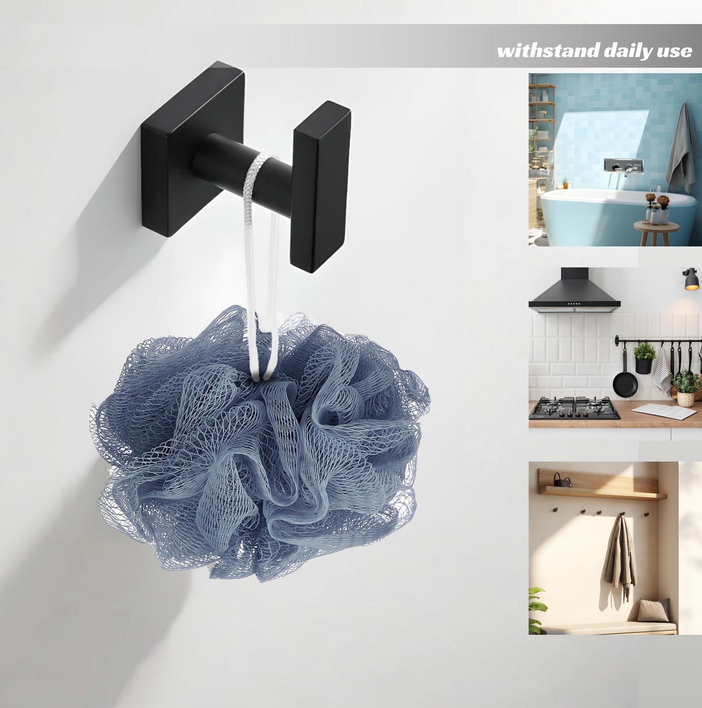 ULVEOL Black Towel Hooks for Bathrooms - Stainless Steel Bath Towel Holder - Kitchen Towel Rack or Heavy Duty Garage Wall Hook - Stylish Bath Hooks for Towels - Single Robe Coat Hook Matte Black