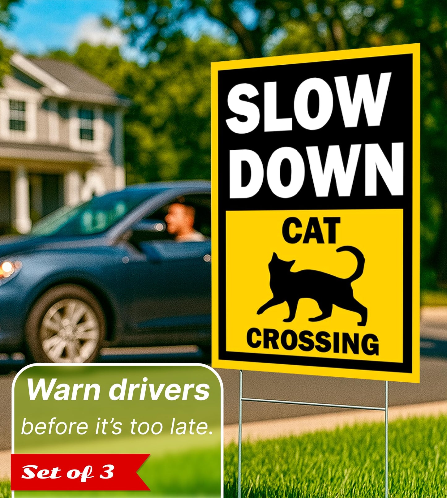 Set of 3 Double Sided 12x16 Inches Slow Down Cat Crossing Sign with Metal Wire H-Stakes - Slow Down Caution Sign For Neighborhoods Yard Farm - Plastic Decorations Animal Crossing Signs