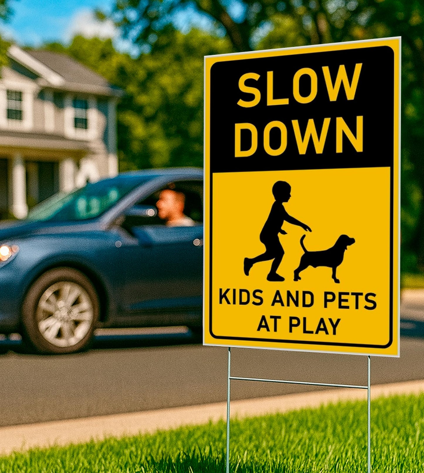 8x12 inch 3X Slow Down Kids and Pets at Play Yard Plastic Signs with Metal Wire H-Stakes - Street Slow Children at Play Double Sided Sign - Drive Like Your Kids Live Here - Easy to Mount for Driveway