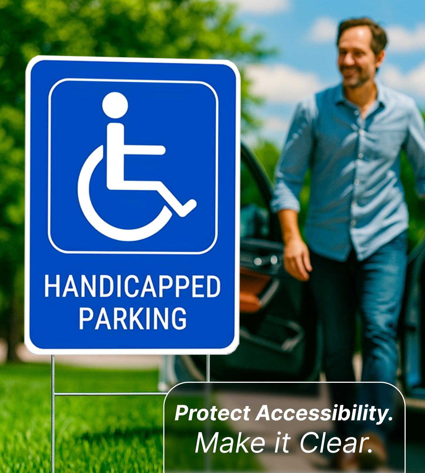 Set of 3 Double Sided 12x8 Inches Handicapped Parking with Metal Wire H-Stakes - Plastic Reserved Parking Signs for Handicapped Only - Yard Signs with Parking Space for Indoor or Outdoor