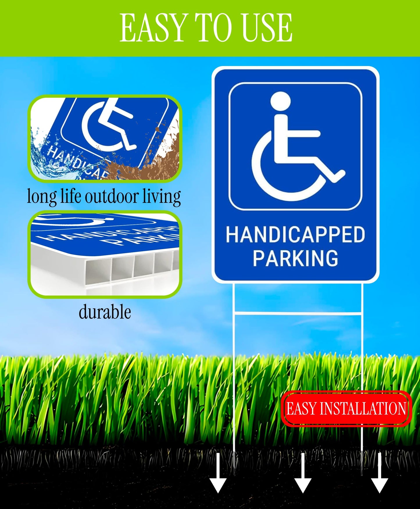 Set of 3 Handicapped Parking Sign with Metal Wire H-Stakes - Double Sided Plastic Reserved Parking Signs - 12x16 Inches Yard for Handicapped Only Signs with Parking Space for Inside or Outside