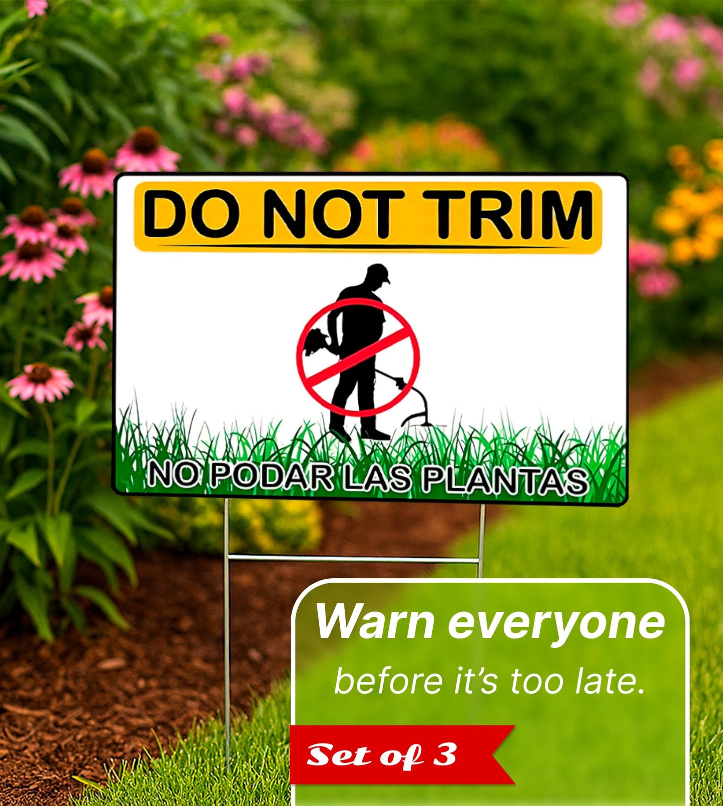 Set of 3 Do Not Trim Yard Sign with Metal Stake 12x8 Inches - Double Sided No Podar Las Plantas sign for Outdoor or Indoor - Bilingual Plant Sign or Plastic Garden Sign for Neighborhood Street