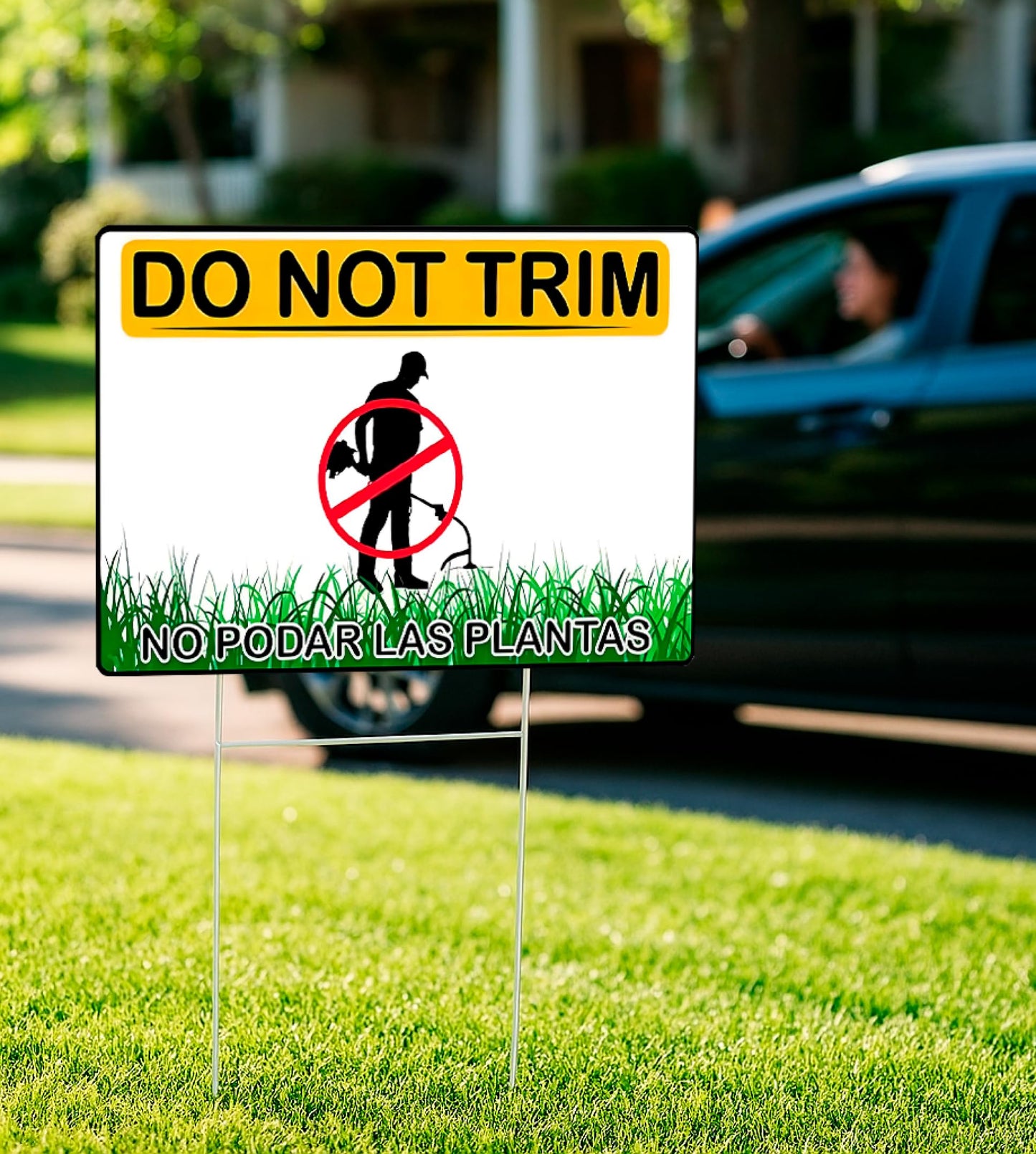 Set of 3 Do Not Trim Yard Sign with Metal Stake 12x8 Inches - Double Sided No Podar Las Plantas sign for Outdoor or Indoor - Bilingual Plant Sign or Plastic Garden Sign for Neighborhood Street