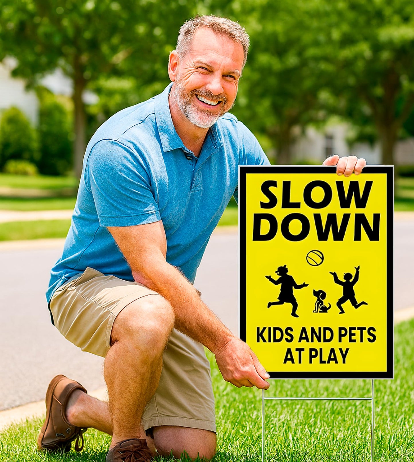 3 Pack Single Sided 8x12 Please Slow Down Kids and Pets at Play Yard Plastic Sign with Metal H-Stakes - Children At Play - Drive Like Your Kids Live Here Safety signs for Street - Cat Crossing Sign