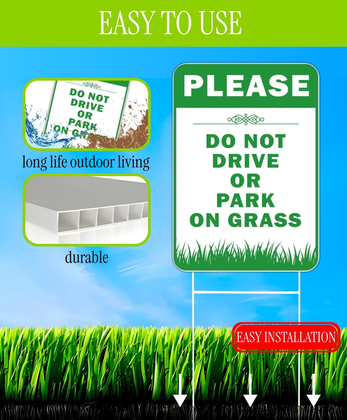 6X Please Do Not Drive Park On Grass Double sided Signs with Stakes - Plastic Street, Road No Parking Sign - 12x8 Inch Yard Lawn Stay Off Grass Signs with Stake - Please Keep Off The Grass Sign