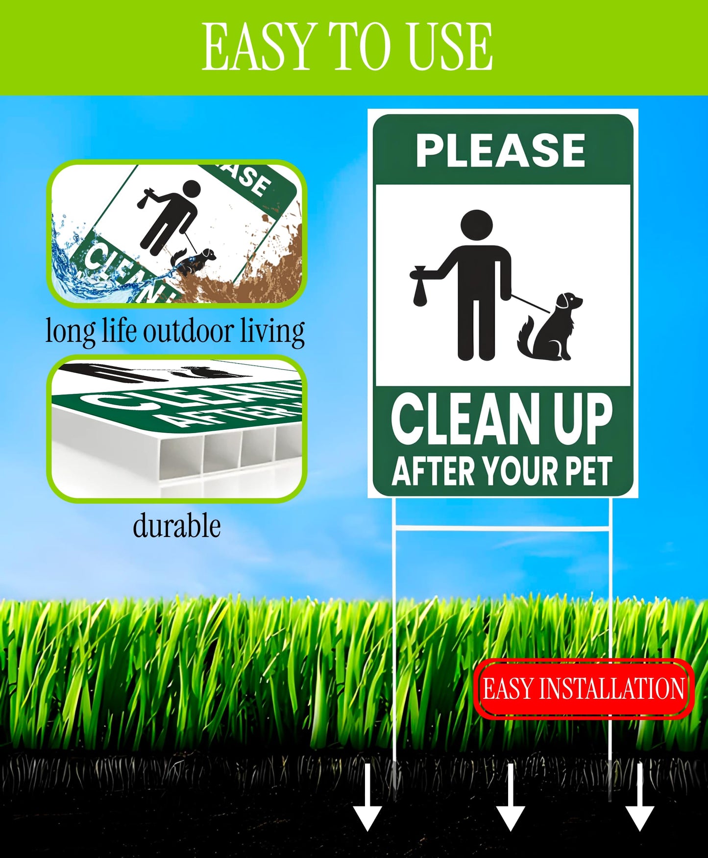 3X Plastic Double Sided Please Clean Up After Your Pet - 12x8 Inch Signs with H-shaped Front Yard Stakes - Pet Signs on the Yard Lawn - Collect Dog Poop and Don't Wet the Lawn - Signs To Curb Your Dog